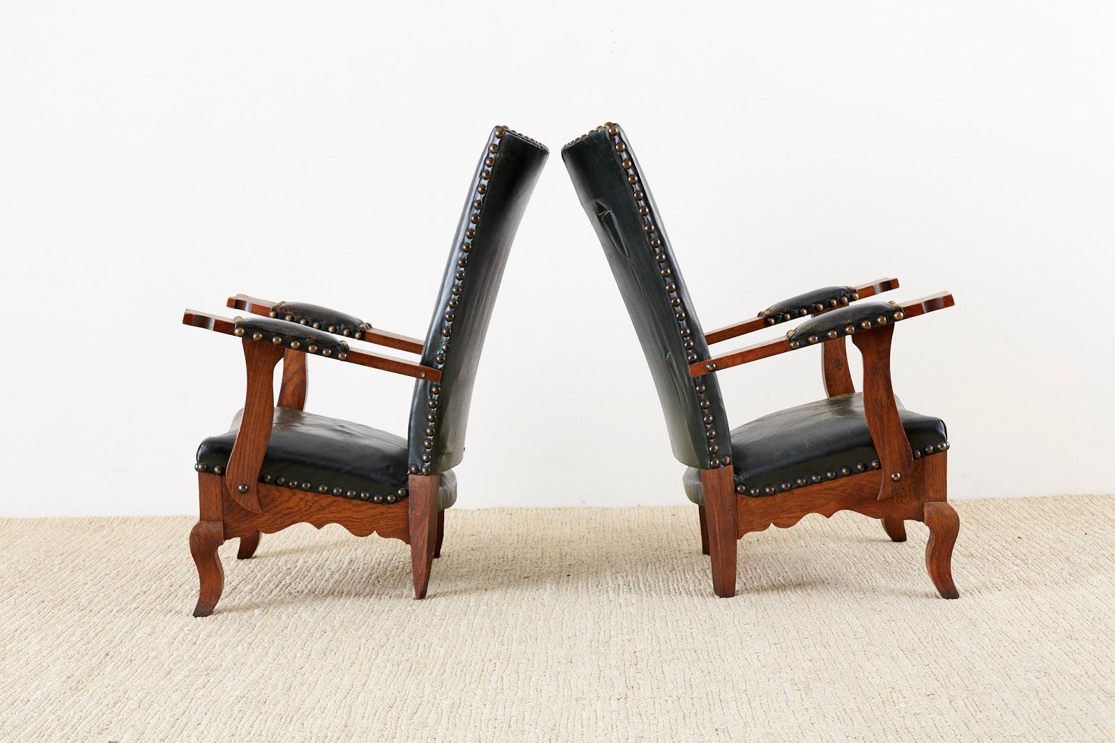 Pair of Spanish Oak and Leather Studded Lounge Chairs 5