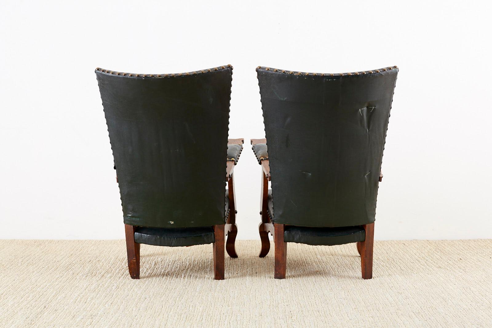 Pair of Spanish Oak and Leather Studded Lounge Chairs 12