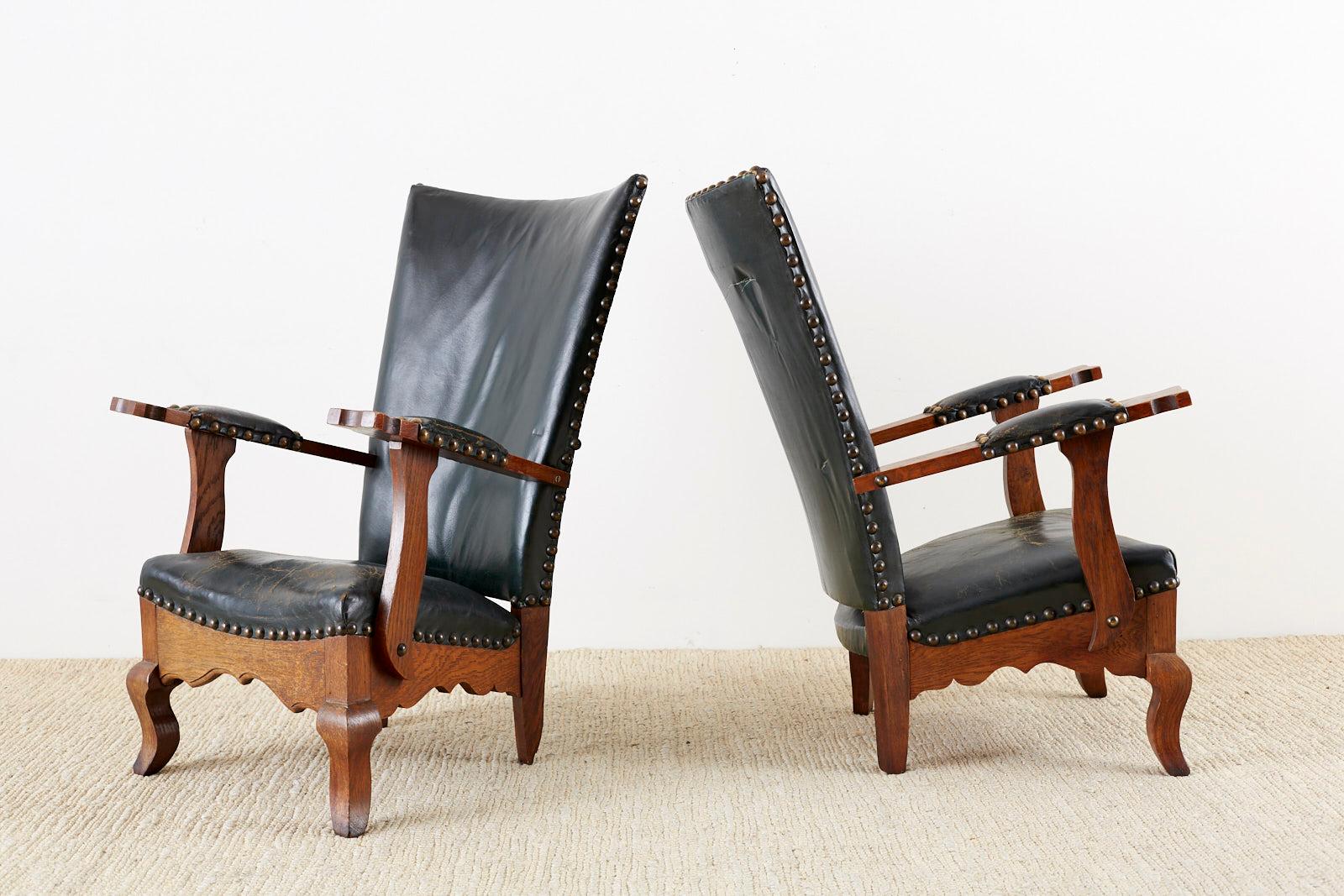 Pair of Spanish Oak and Leather Studded Lounge Chairs 1