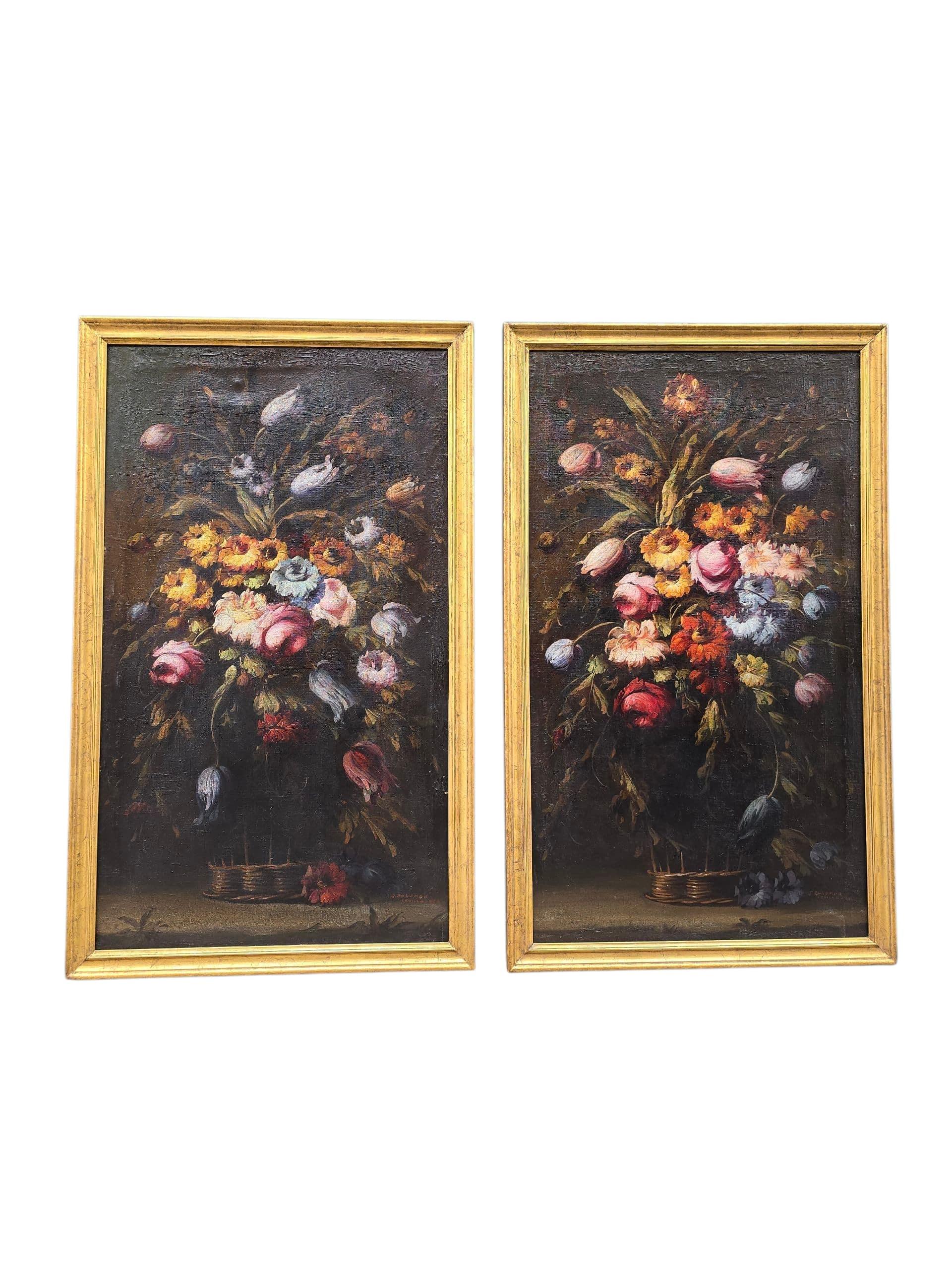 Ein Paar spanische Blumengemälde in Öl auf Leinwand von J. Palomar, datiert 1964 im Zustand „Gut“ im Angebot in Madrid, ES