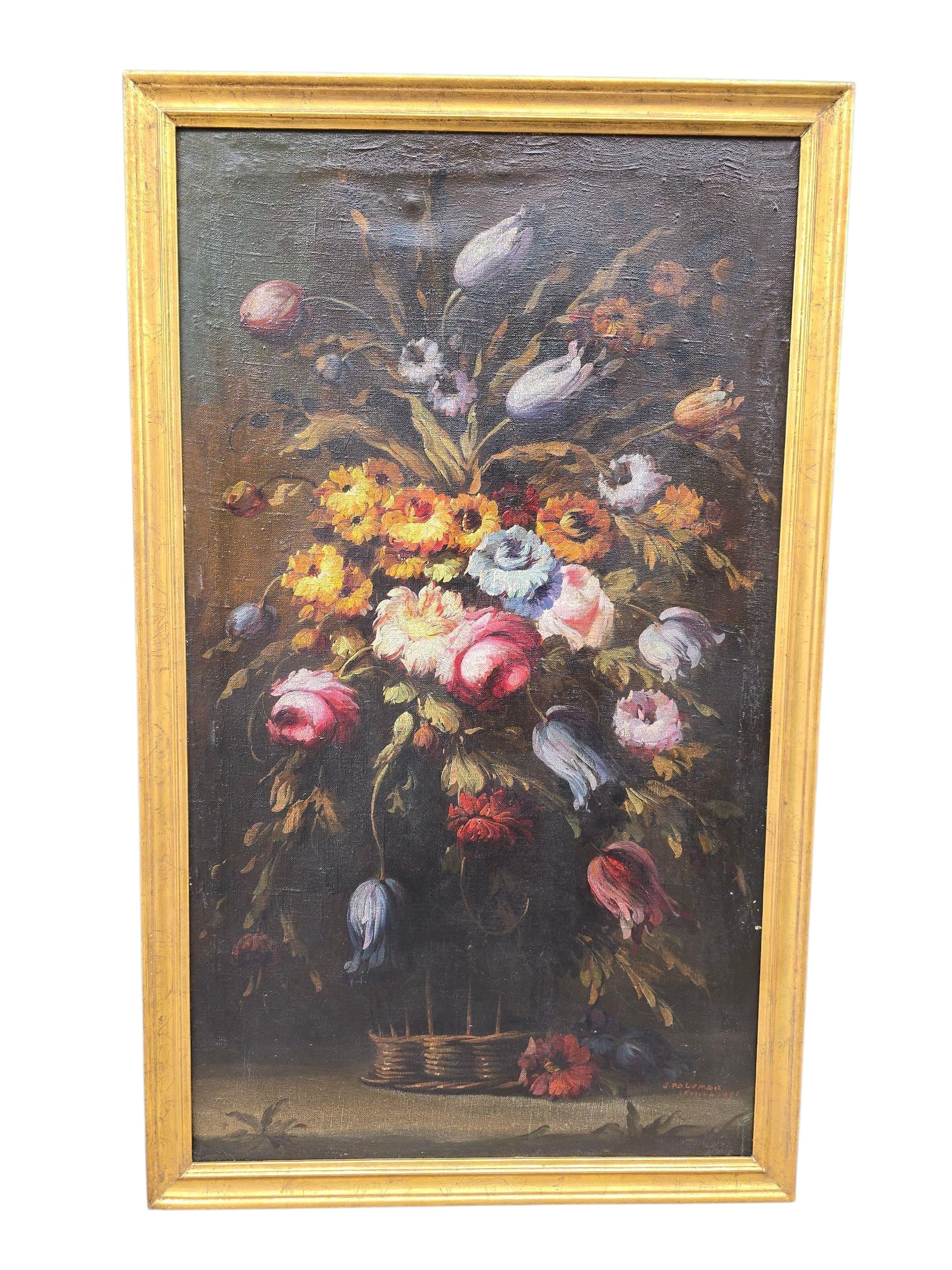 Ein Paar spanische Blumengemälde in Öl auf Leinwand von J. Palomar, datiert 1964 (20. Jahrhundert) im Angebot