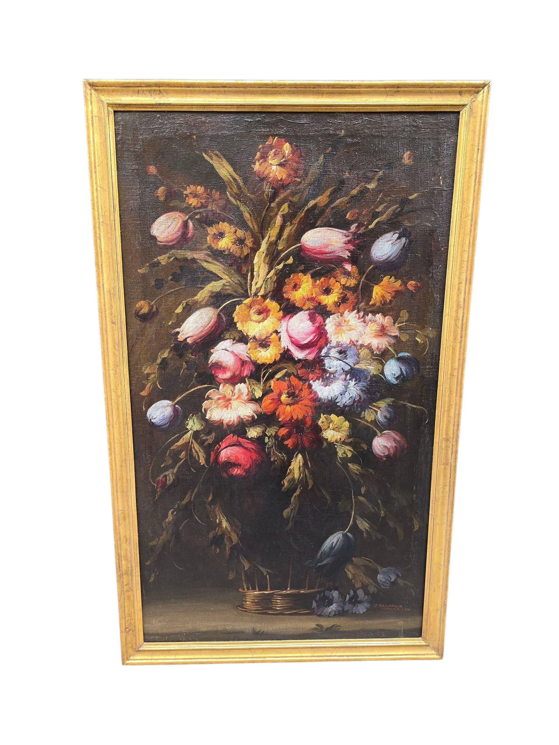 Ein Paar spanische Blumengemälde in Öl auf Leinwand von J. Palomar, datiert 1964 (Obstholz) im Angebot