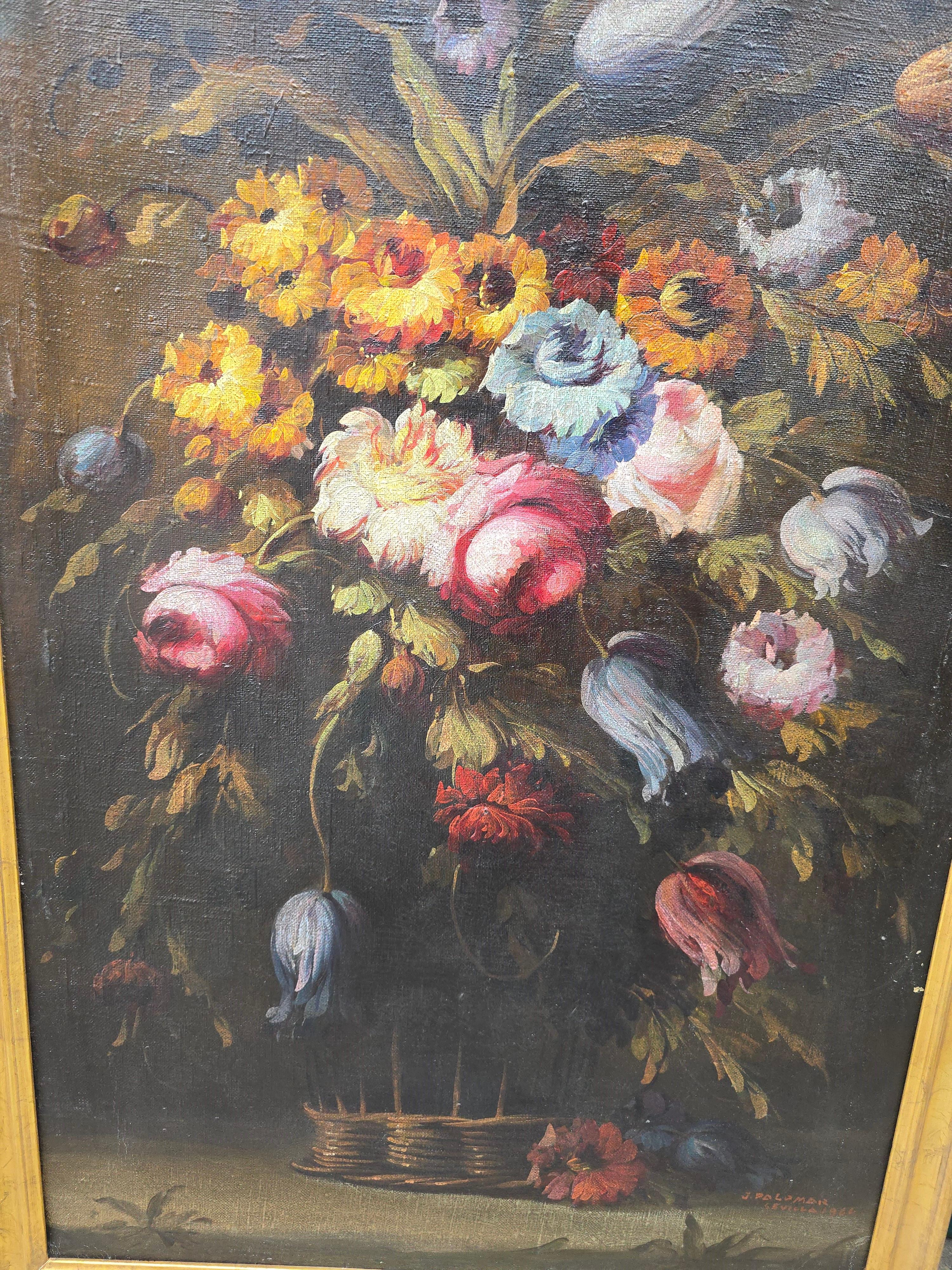 Ein Paar spanische Blumengemälde in Öl auf Leinwand von J. Palomar, datiert 1964 im Angebot 2