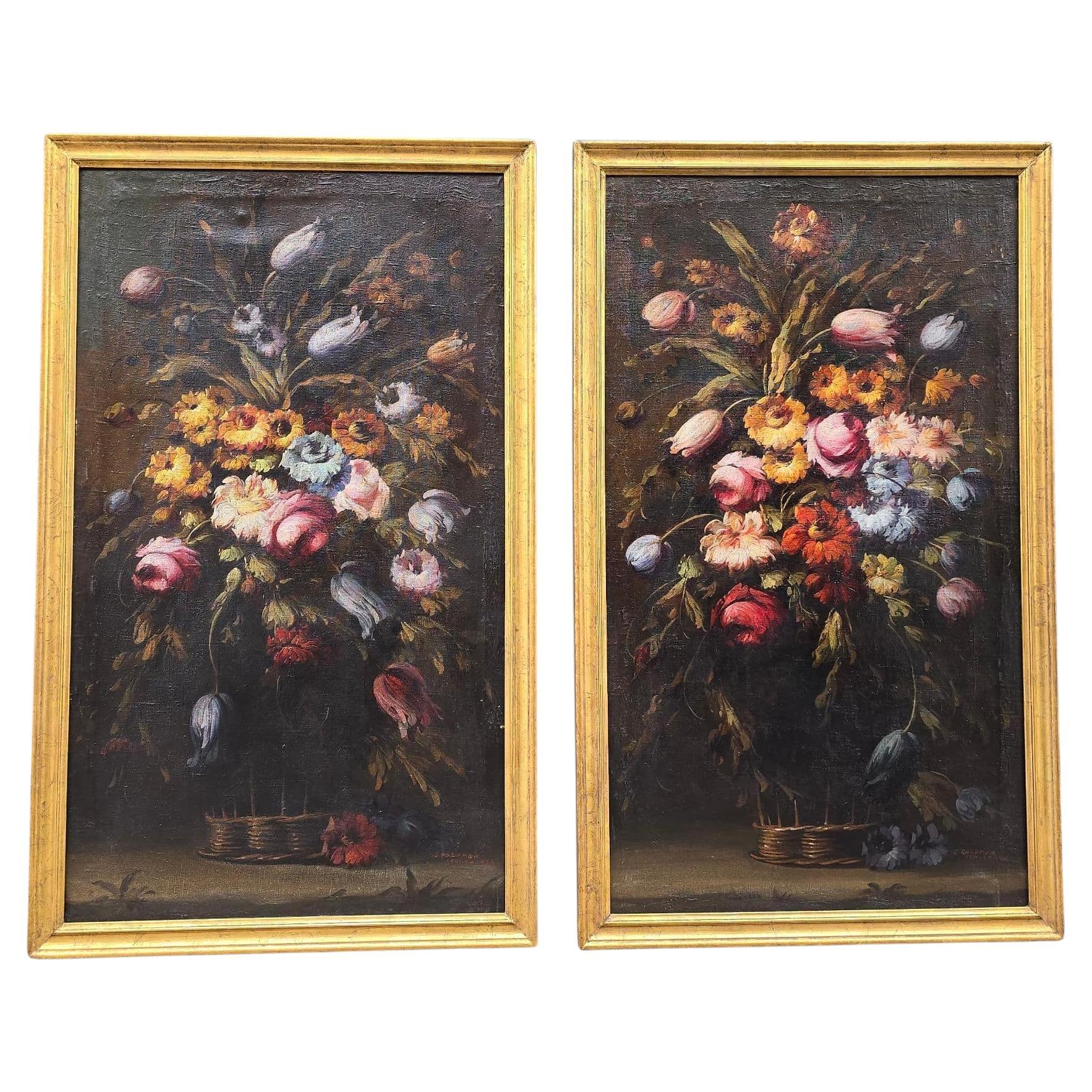 Ein Paar spanische Blumengemälde in Öl auf Leinwand von J. Palomar, datiert 1964 im Angebot