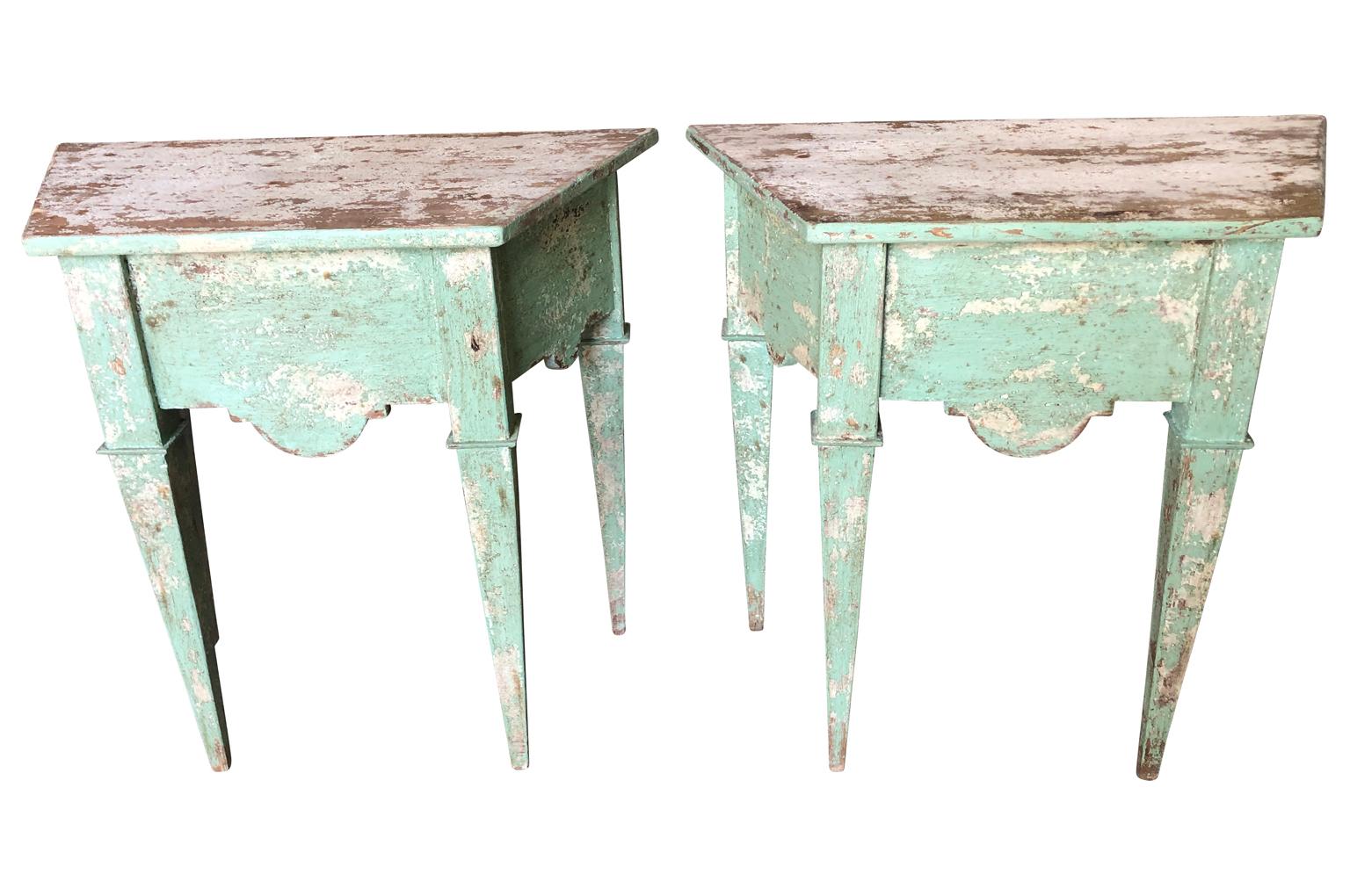 A charming pair of console tables crafted from painted antique wood.