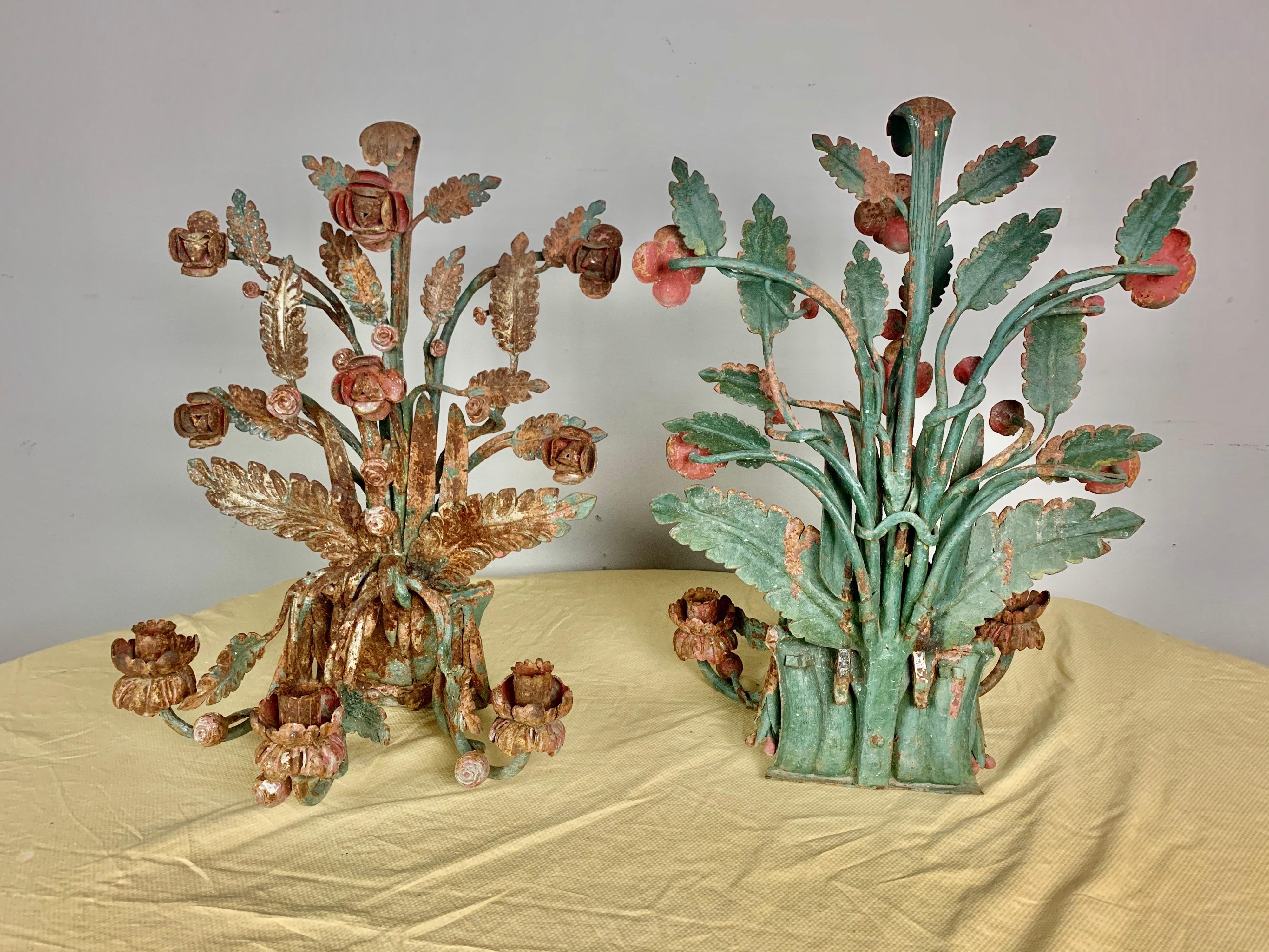 Hand-Painted Pair of Spanish Painted Wrought Iron Candleholders, circa 1920s For Sale