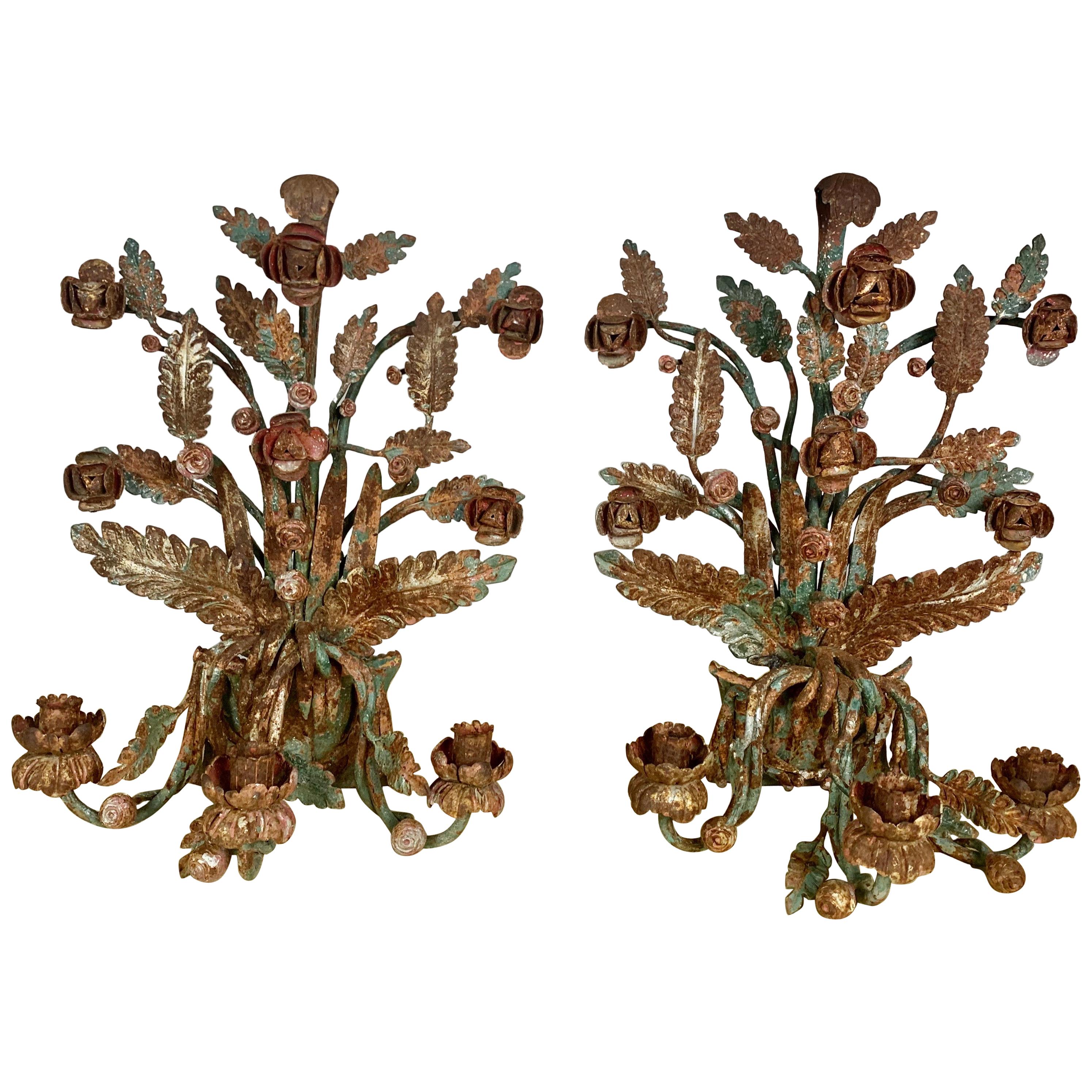 Pair of Spanish Painted Wrought Iron Candleholders, circa 1920s For Sale