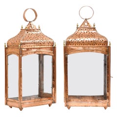 Vintage Pair of Spanish Pierced Copper and Glass Candle Lanterns with Brass Accents