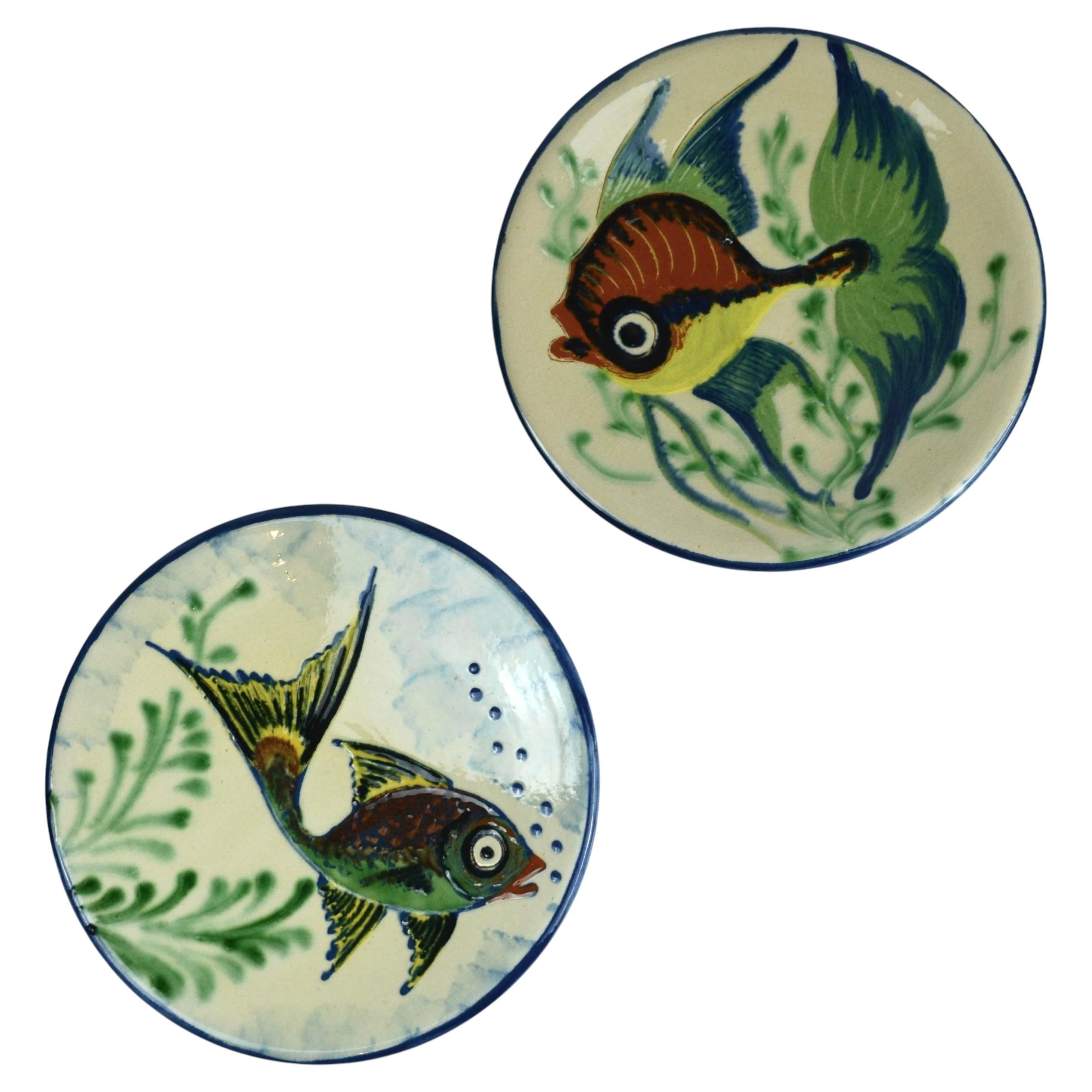 Pair of Spanish Puigdemont Ceramic Fish Wall Plates, 1960s For Sale