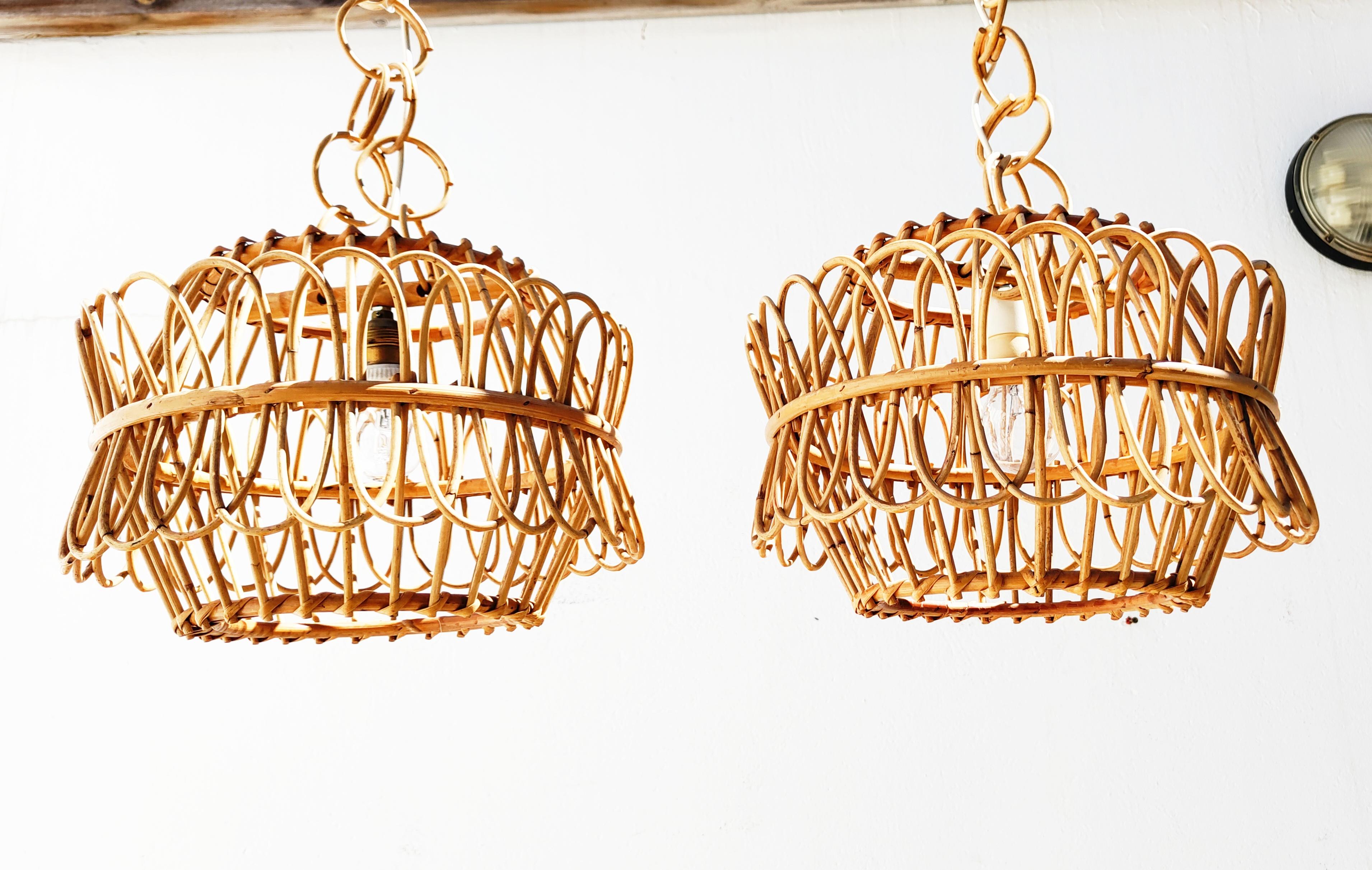 Pair of Spanish Rattan and Bamboo Chandelier, 1960s 6