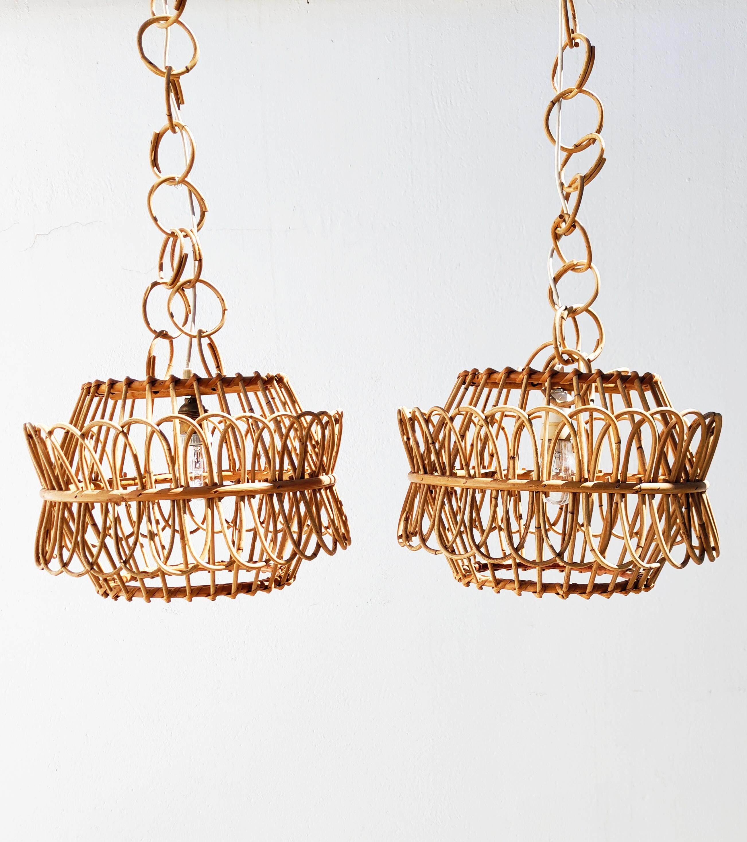 Pair of Spanish Rattan and Bamboo Chandelier, 1960s 7