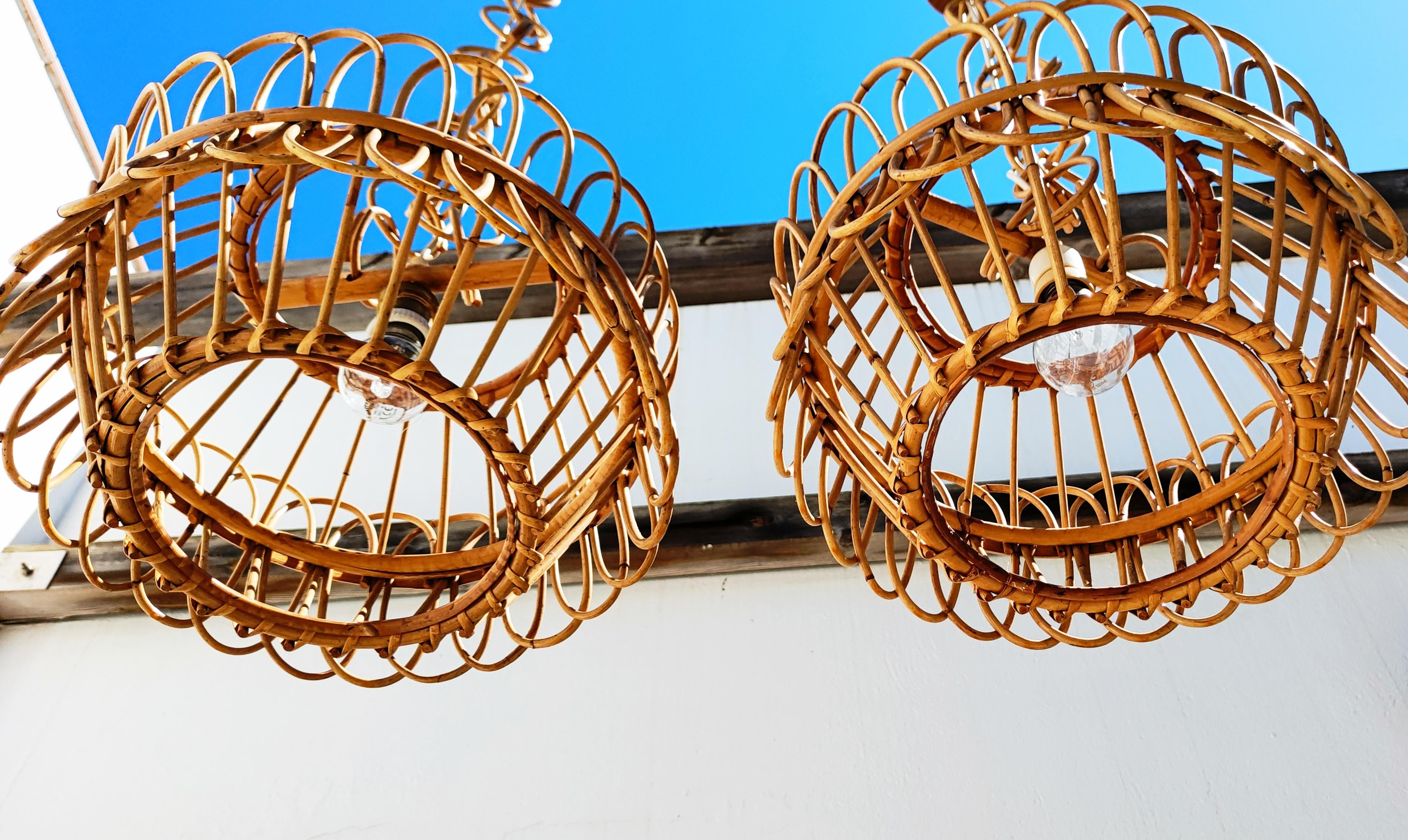 Pair of Spanish Rattan and Bamboo Chandelier, 1960s 9
