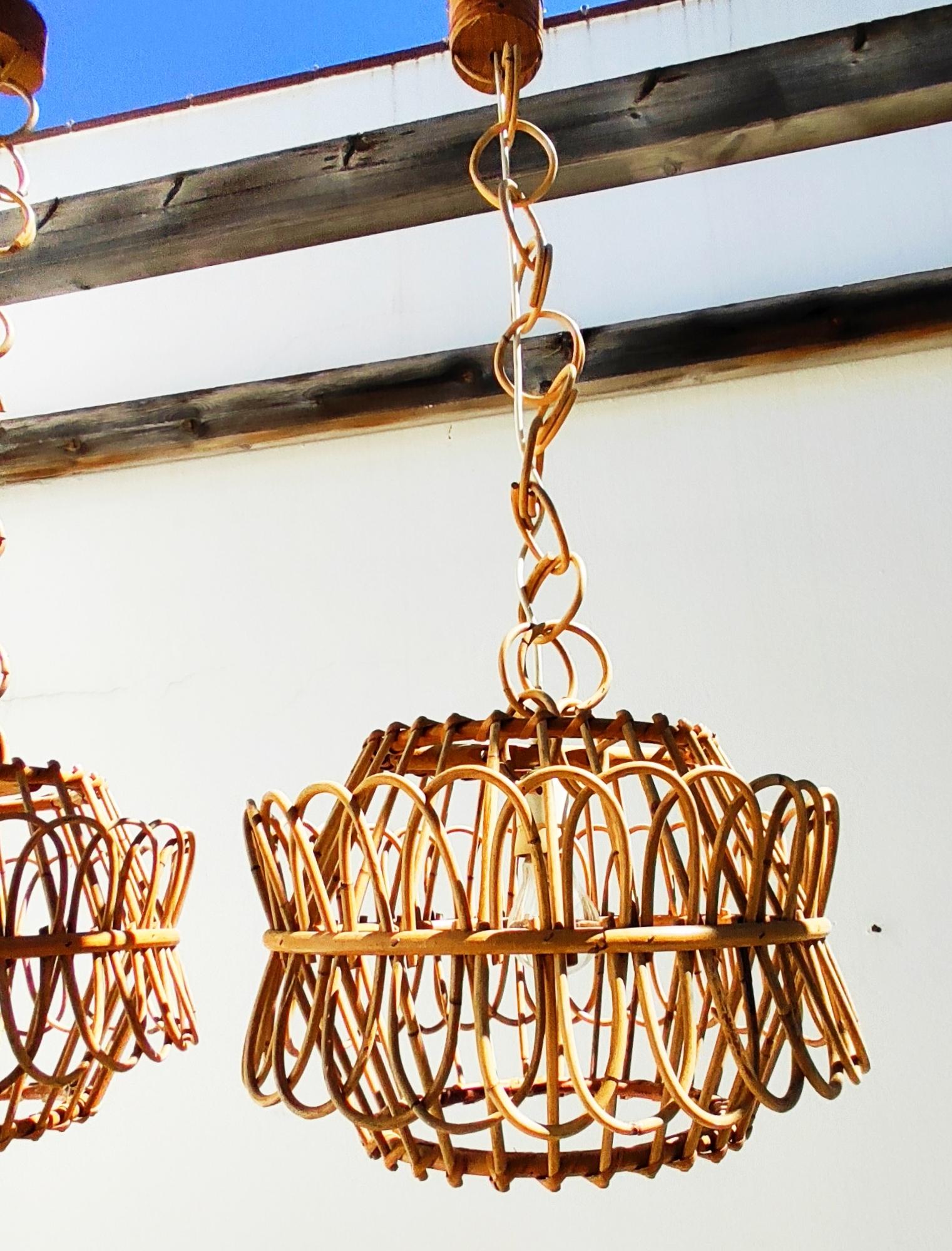 20th Century Pair of Spanish Rattan and Bamboo Chandelier, 1960s