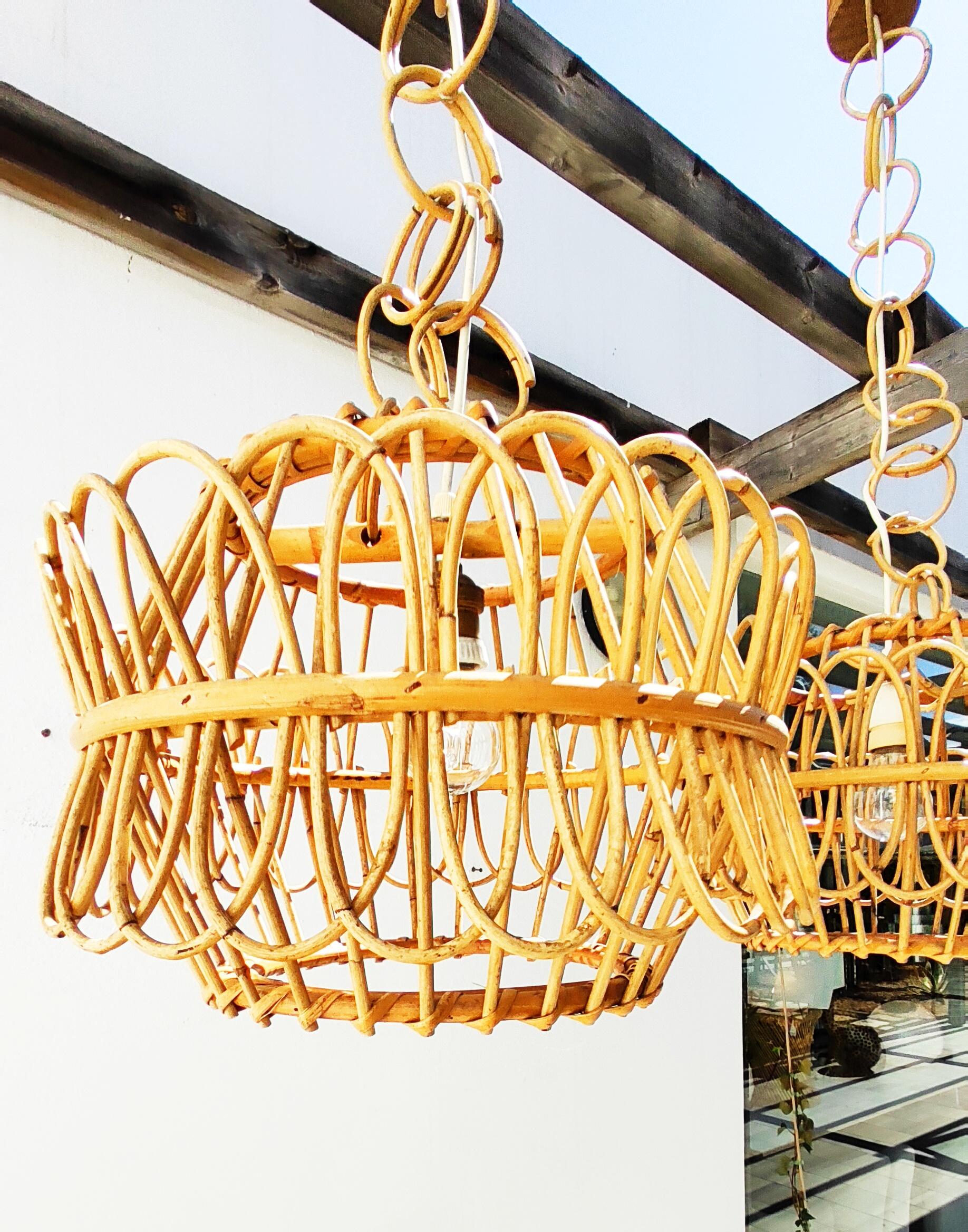 Pair of Spanish Rattan and Bamboo Chandelier, 1960s 1