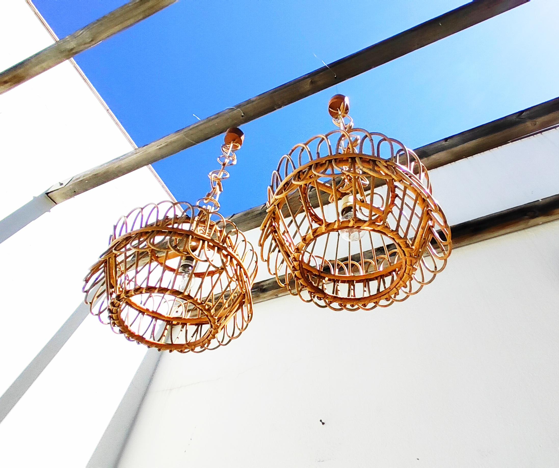 Pair of Spanish Rattan and Bamboo Chandelier, 1960s 3