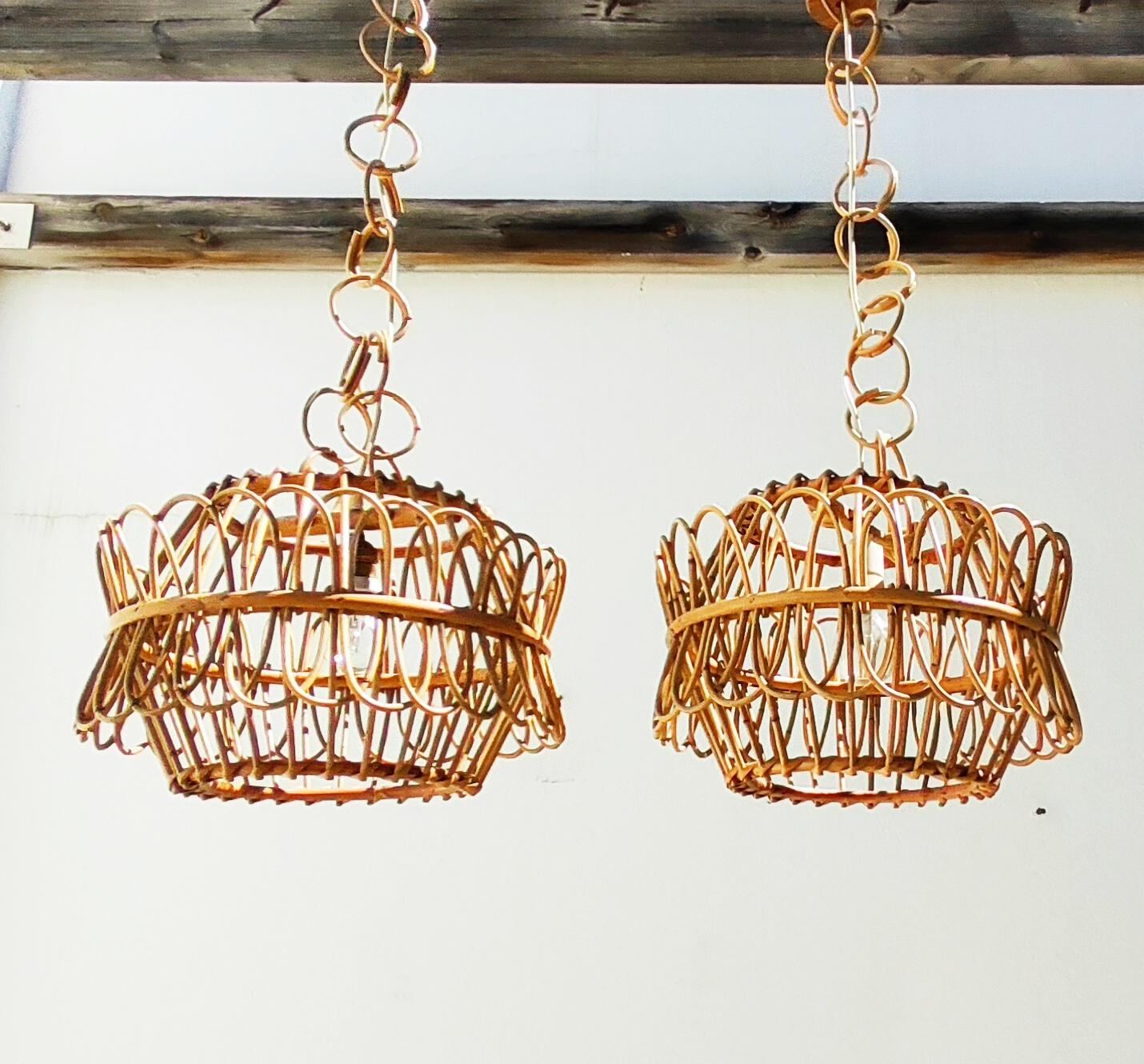 Pair of Spanish Rattan and Bamboo Chandelier, 1960s 4