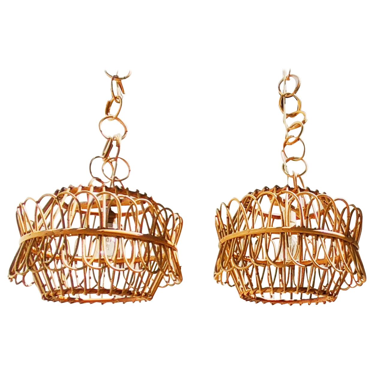 Pair of Spanish Rattan and Bamboo Chandelier, 1960s