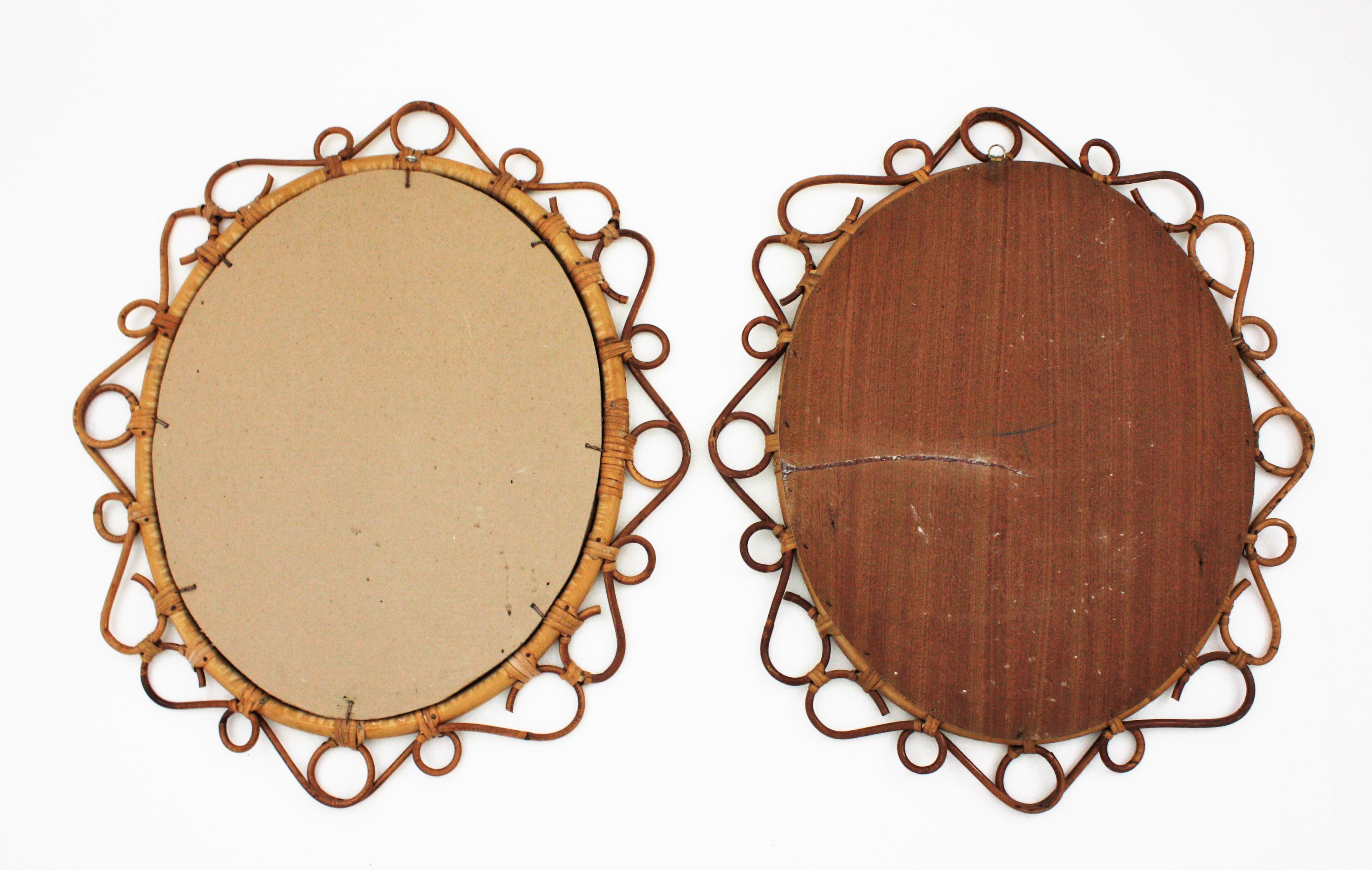 Pair of Spanish Rattan Bamboo Oval Mirrors, 1960s 4