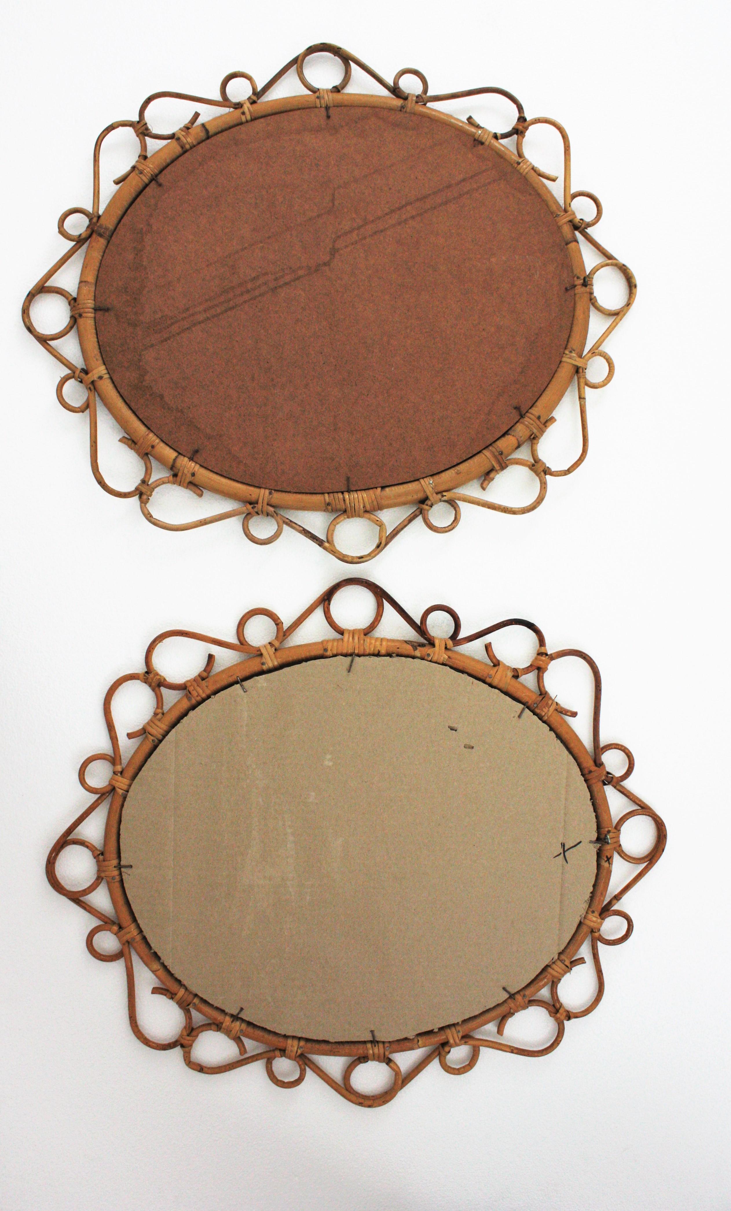 Pair of Spanish Rattan Bamboo Oval Mirrors, 1960s 4