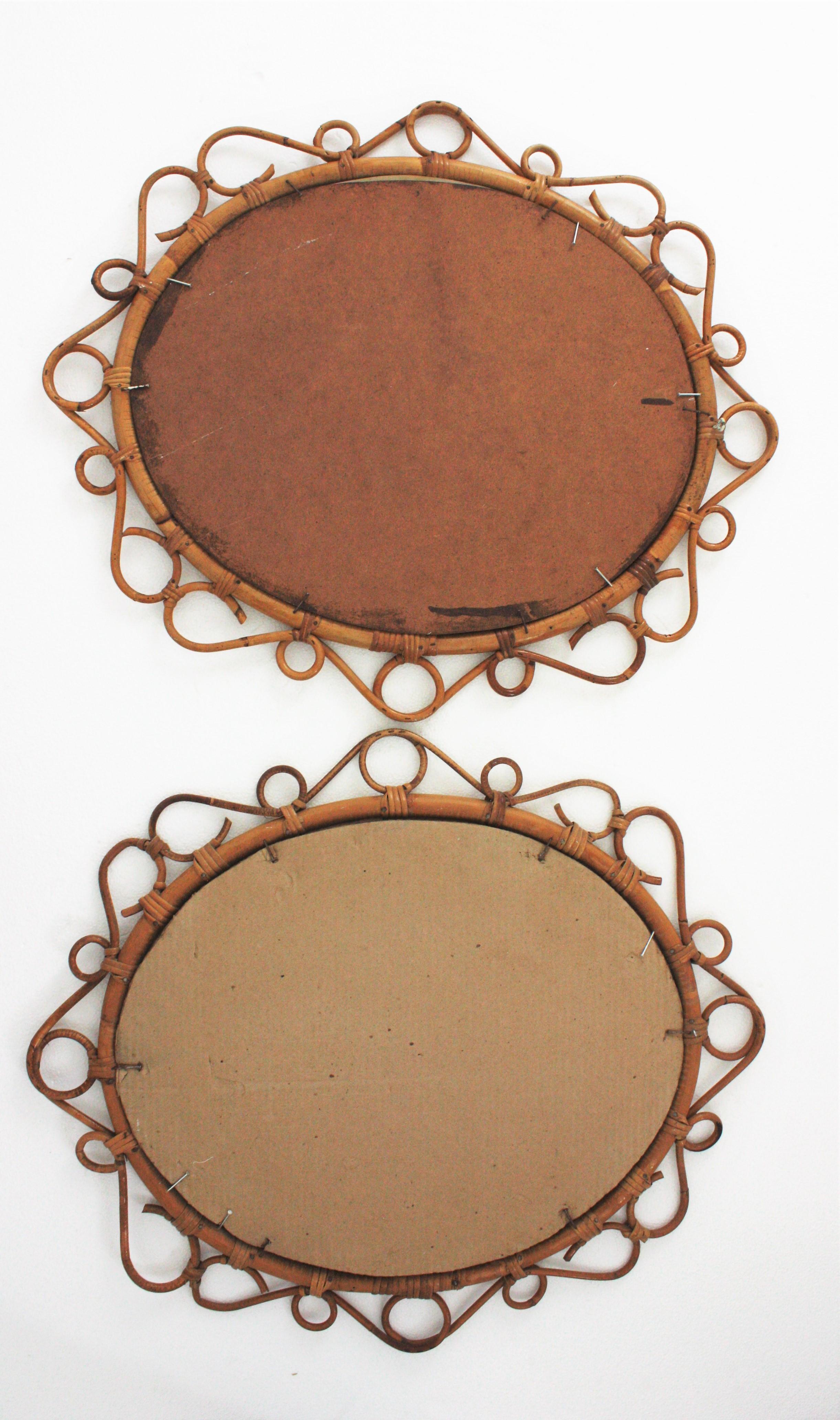 Pair of Spanish Rattan Bamboo Oval Mirrors, 1960s 4