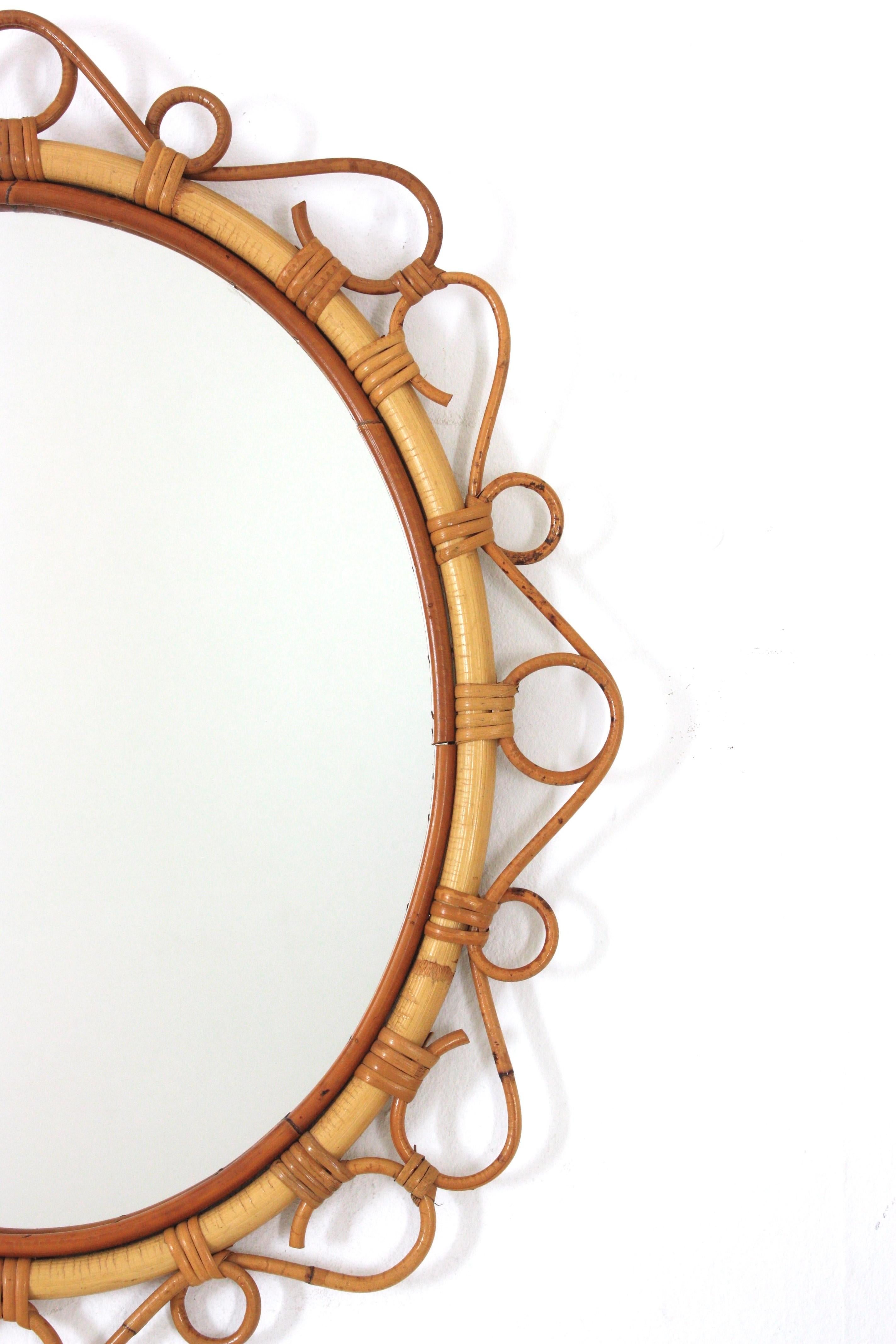 Pair of Spanish Rattan Bamboo Oval Mirrors, 1960s 4