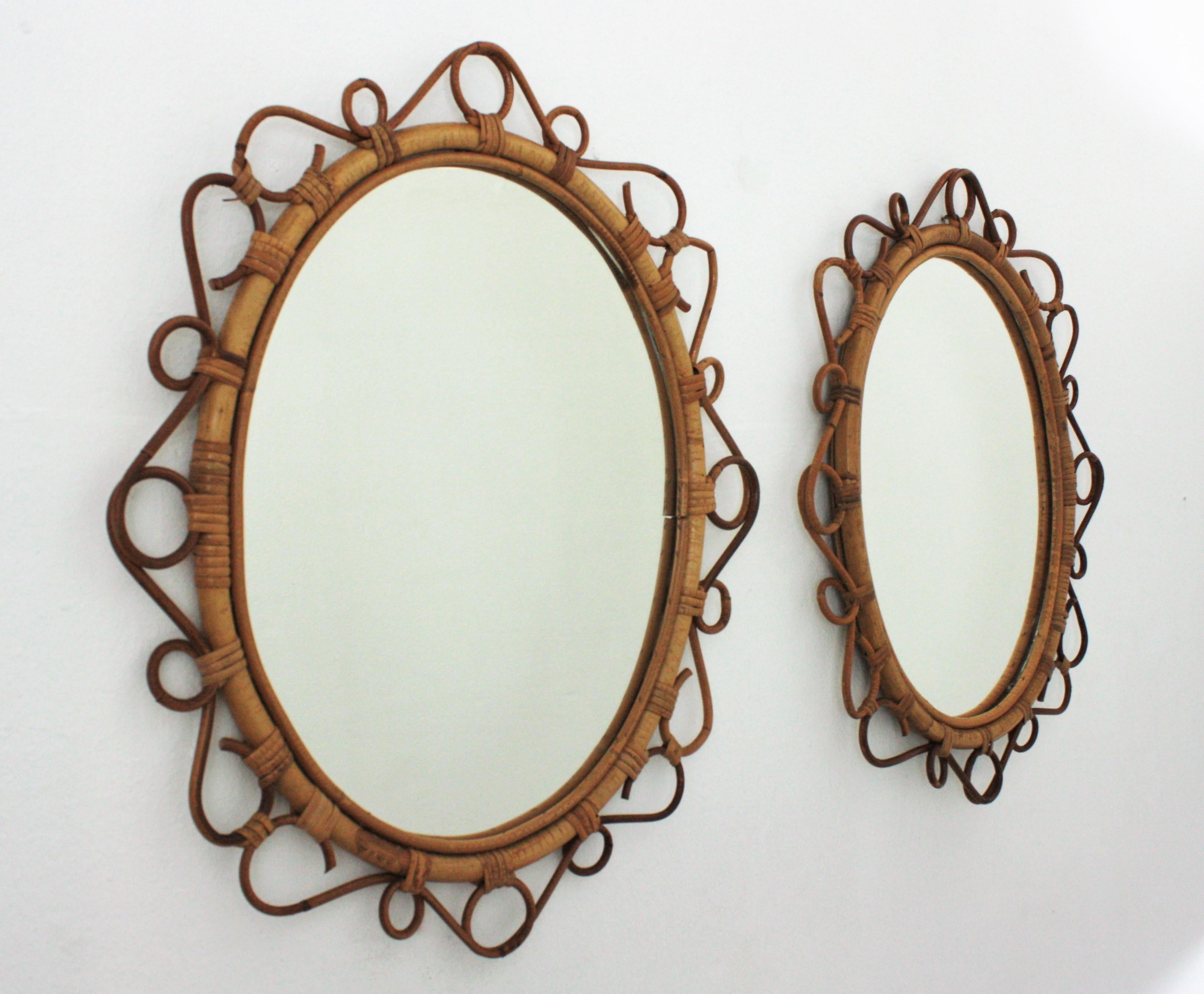 Pair of Spanish Rattan Bamboo Oval Mirrors, 1960s 5