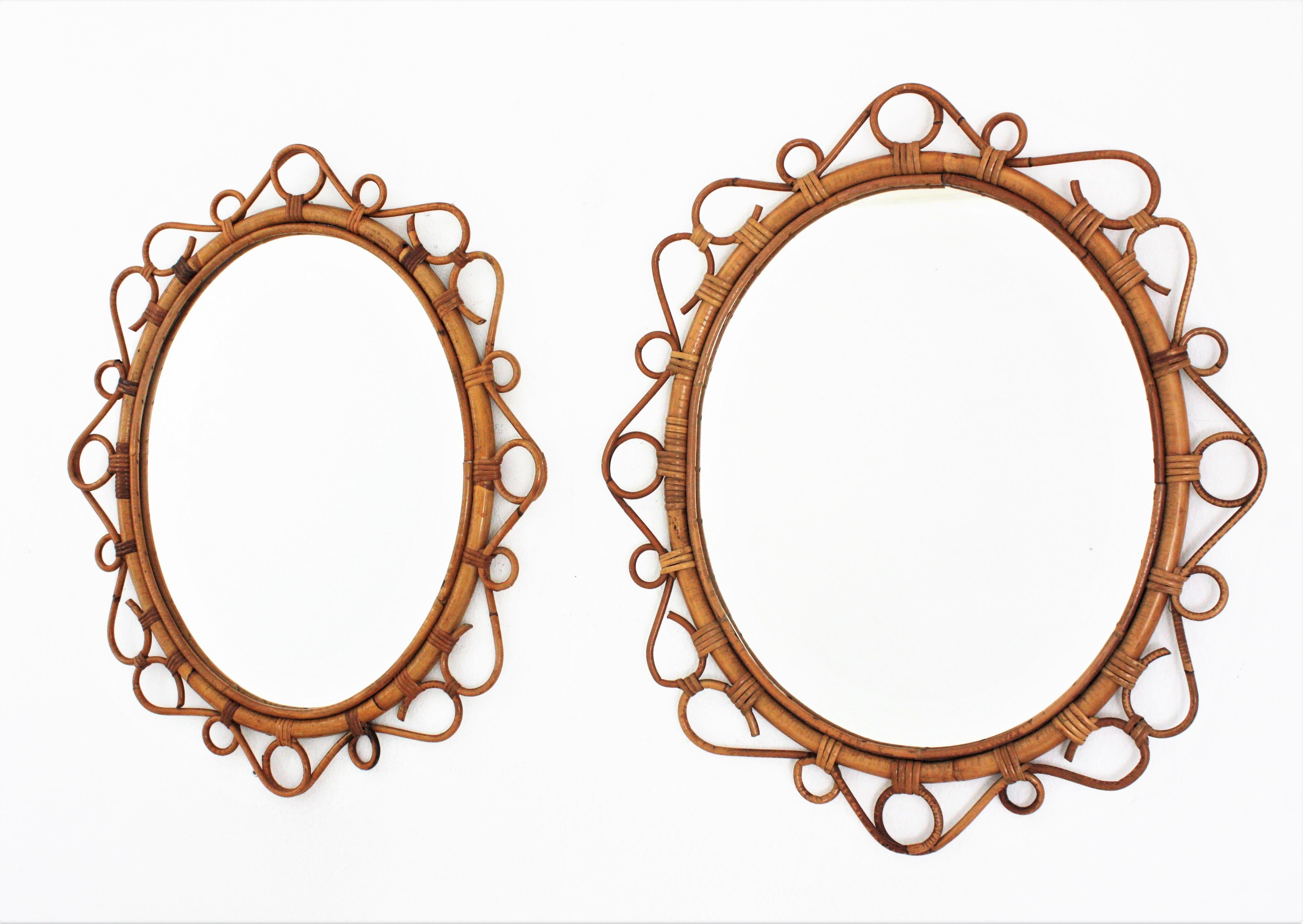 Pair of Spanish Rattan Bamboo Oval Mirrors, 1960s 5