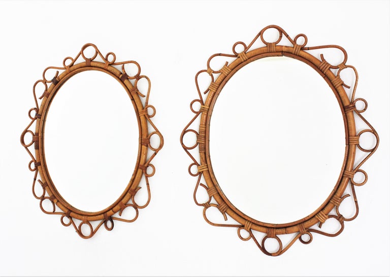 Pair of Spanish Rattan Bamboo Oval Mirrors, 1960s For Sale 5