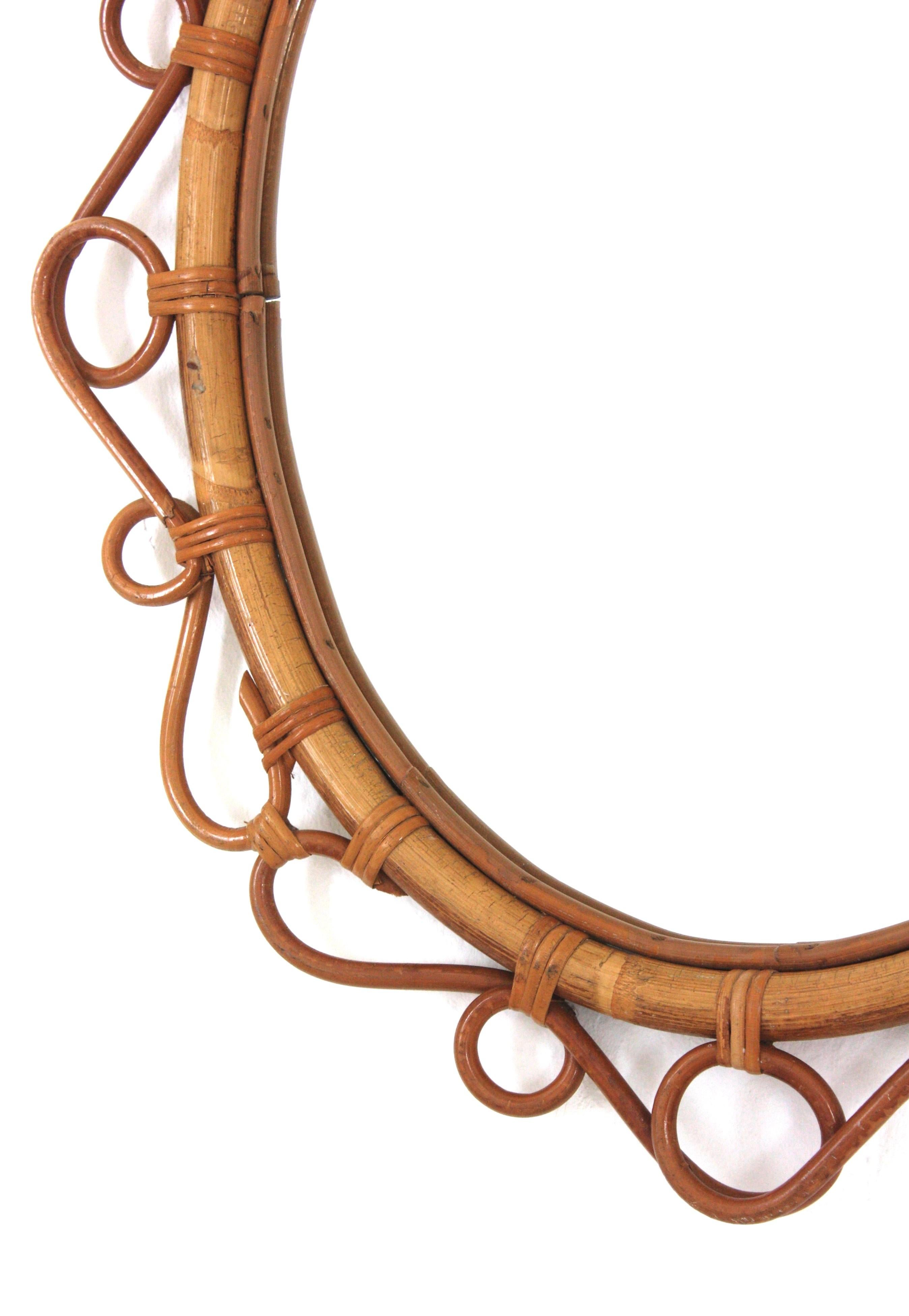 Pair of Spanish Rattan Bamboo Oval Mirrors, 1960s 5