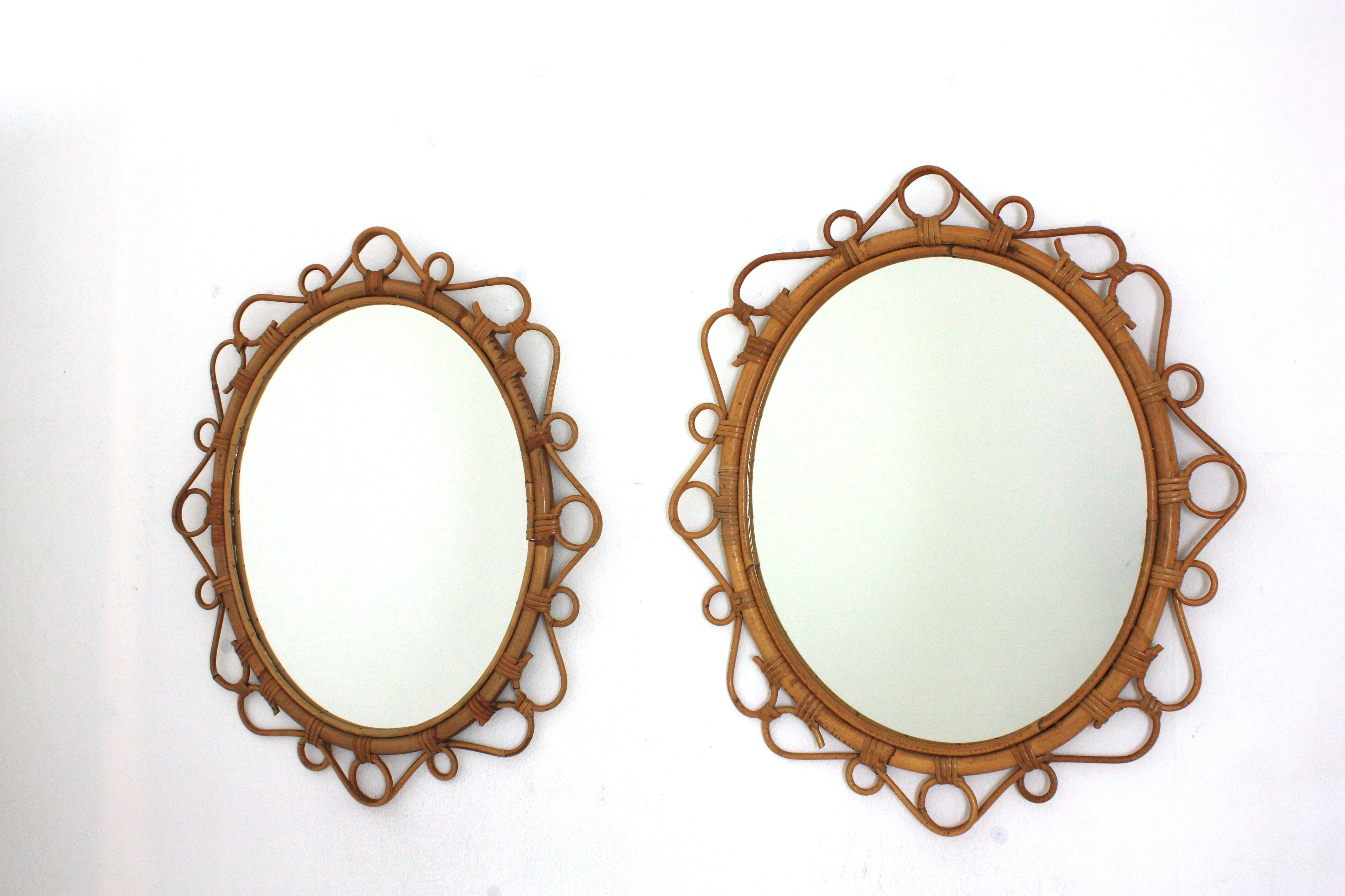 Coppia di specchi ovali in rattan spagnolo e bambù, anni '60 3