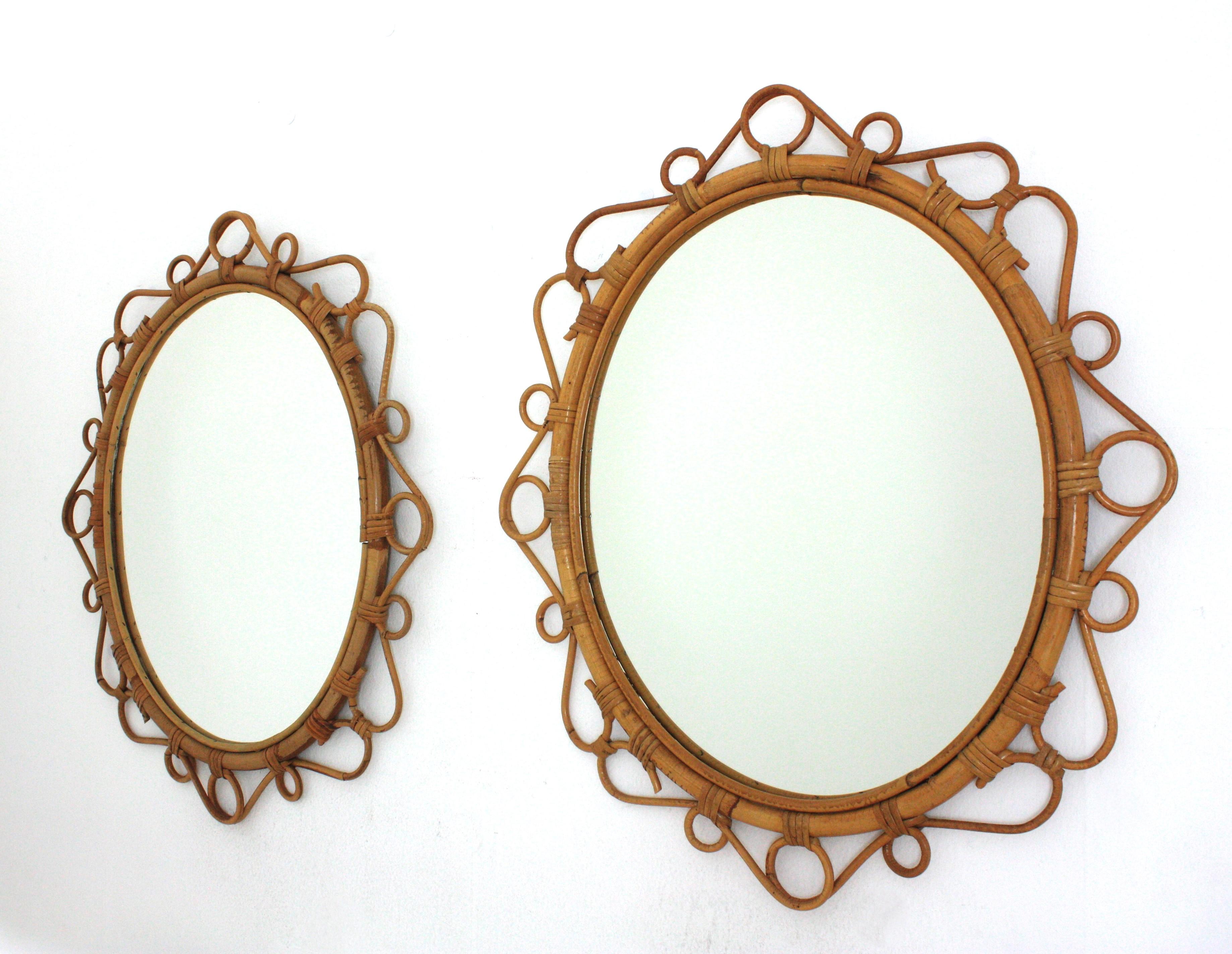 Coppia di specchi ovali in rattan spagnolo e bambù, anni '60 4