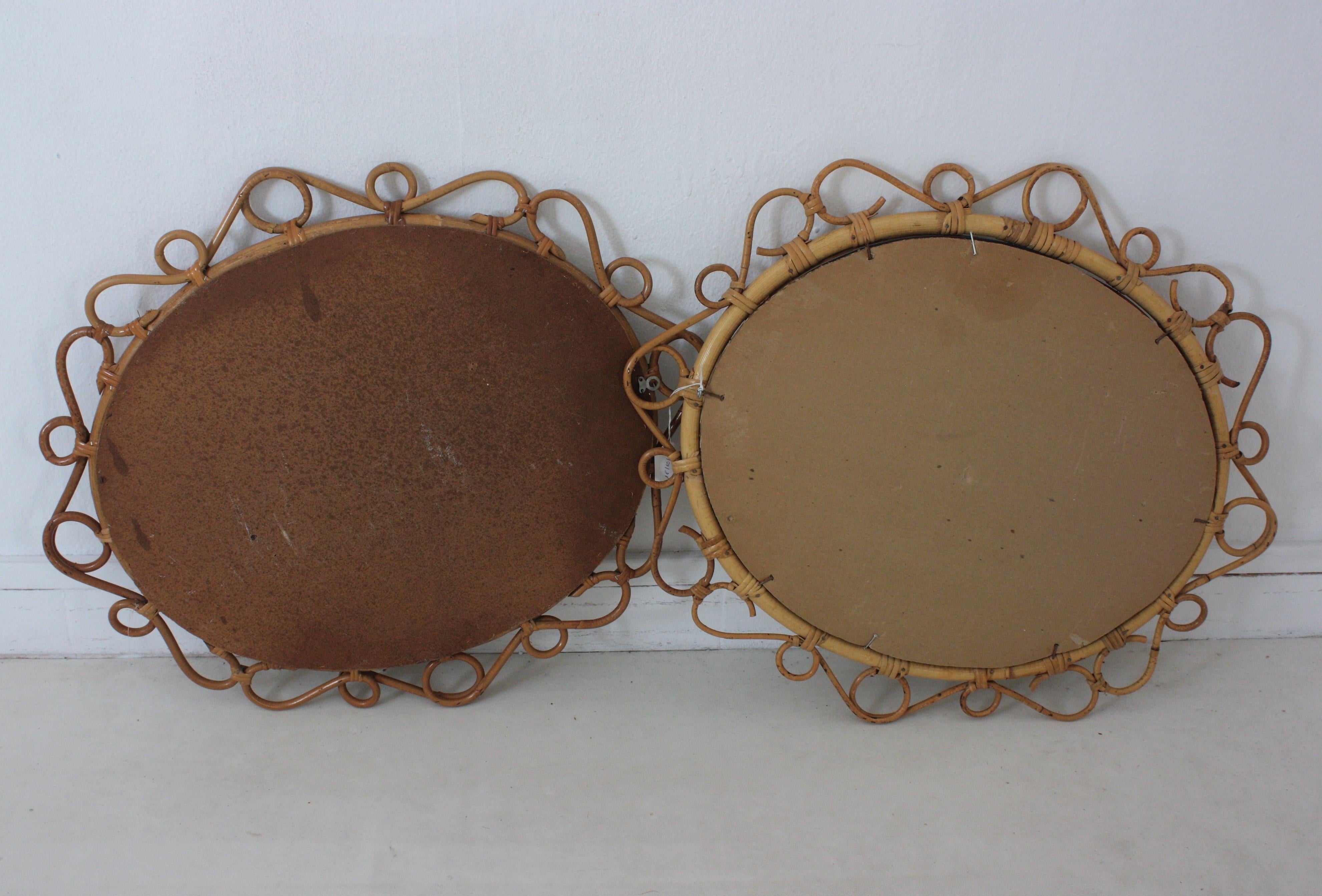 Pair of Spanish Rattan Bamboo Oval Mirrors, 1960s 7