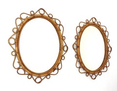 Pair of Spanish Rattan Bamboo Oval Mirrors, 1960s