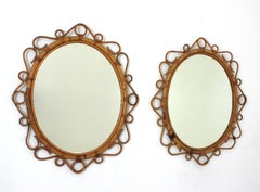 Pair of Spanish Rattan Bamboo Oval Mirrors, 1960s