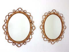 Pair of Spanish Rattan Bamboo Oval Mirrors, 1960s