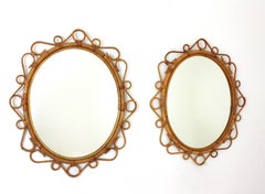 Pair of Spanish Rattan Bamboo Oval Mirrors, 1960s