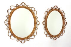 Pair of Spanish Rattan Bamboo Oval Mirrors, 1960s