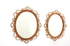 Pair of Spanish Rattan Bamboo Oval Mirrors, 1960s