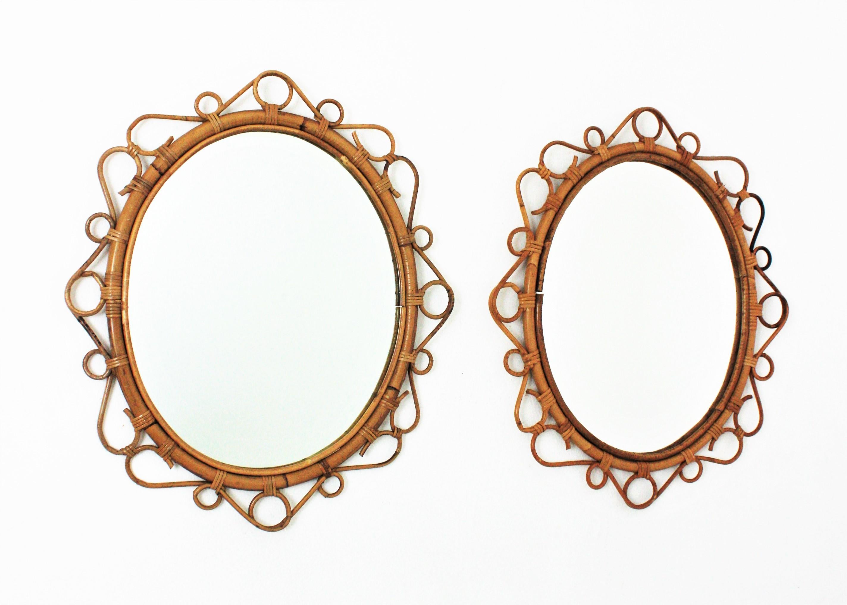 Mid-Century Modern Pair of Spanish Rattan Bamboo Oval Mirrors, 1960s