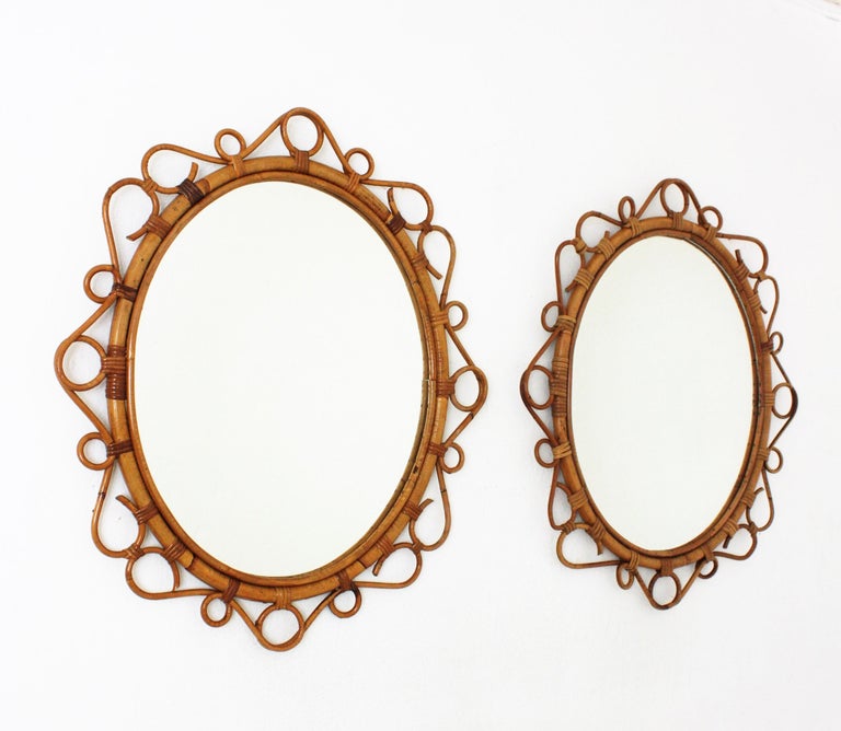 Mid-Century Modern Pair of Spanish Rattan Bamboo Oval Mirrors, 1960s For Sale