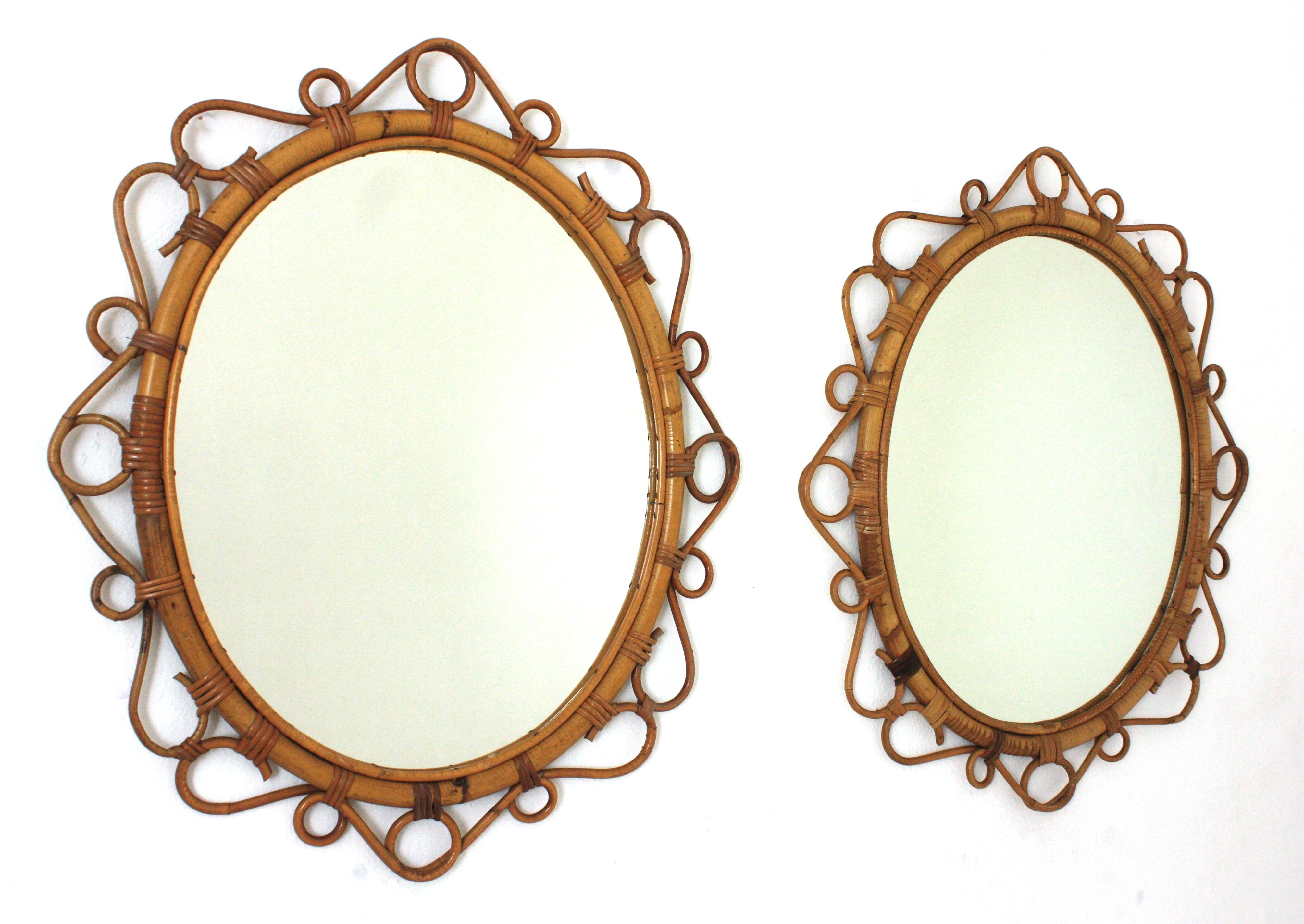 Mid-Century Modern Pair of Spanish Rattan Bamboo Oval Mirrors, 1960s For Sale