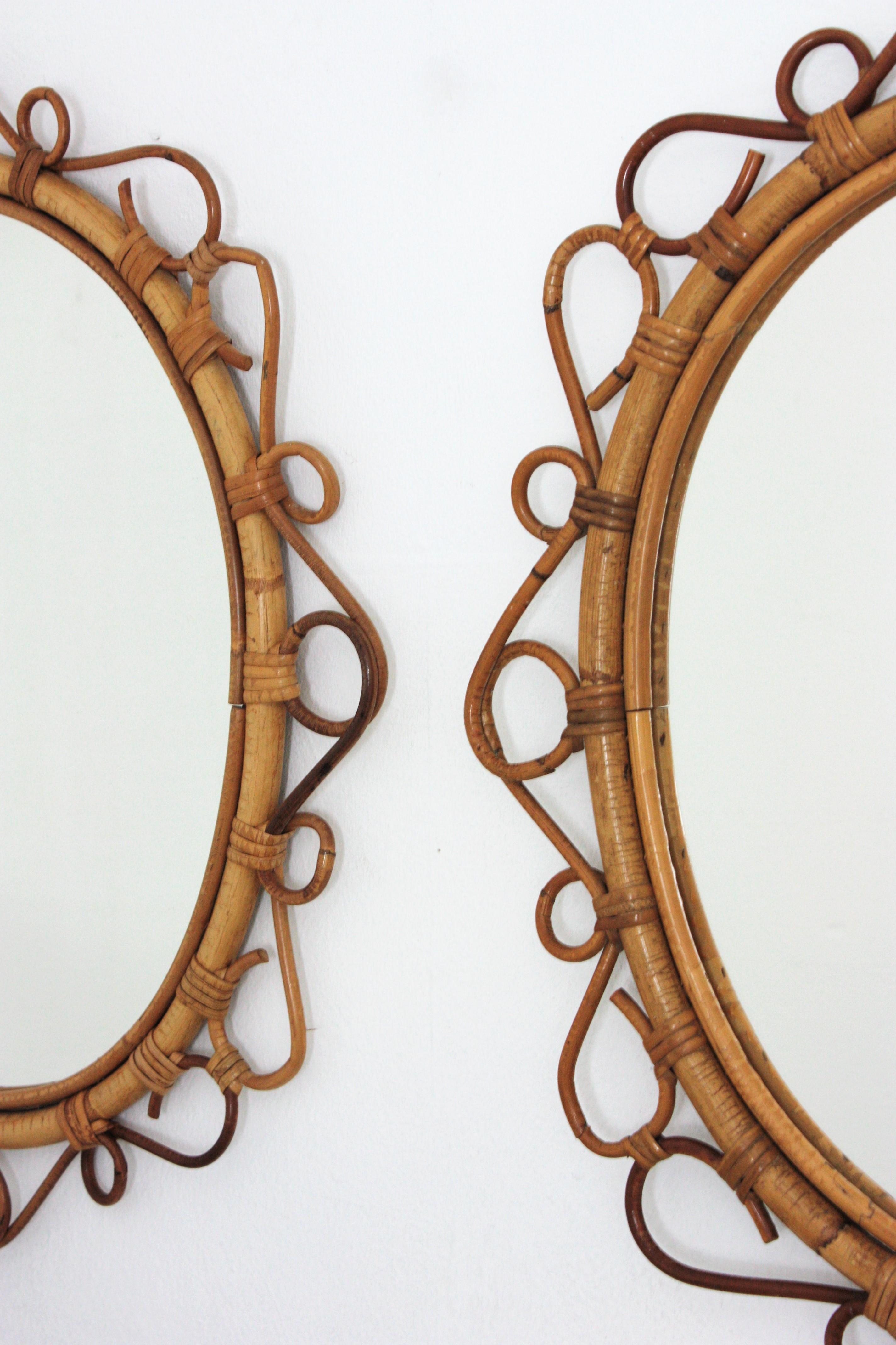 Hand-Crafted Pair of Spanish Rattan Bamboo Oval Mirrors, 1960s