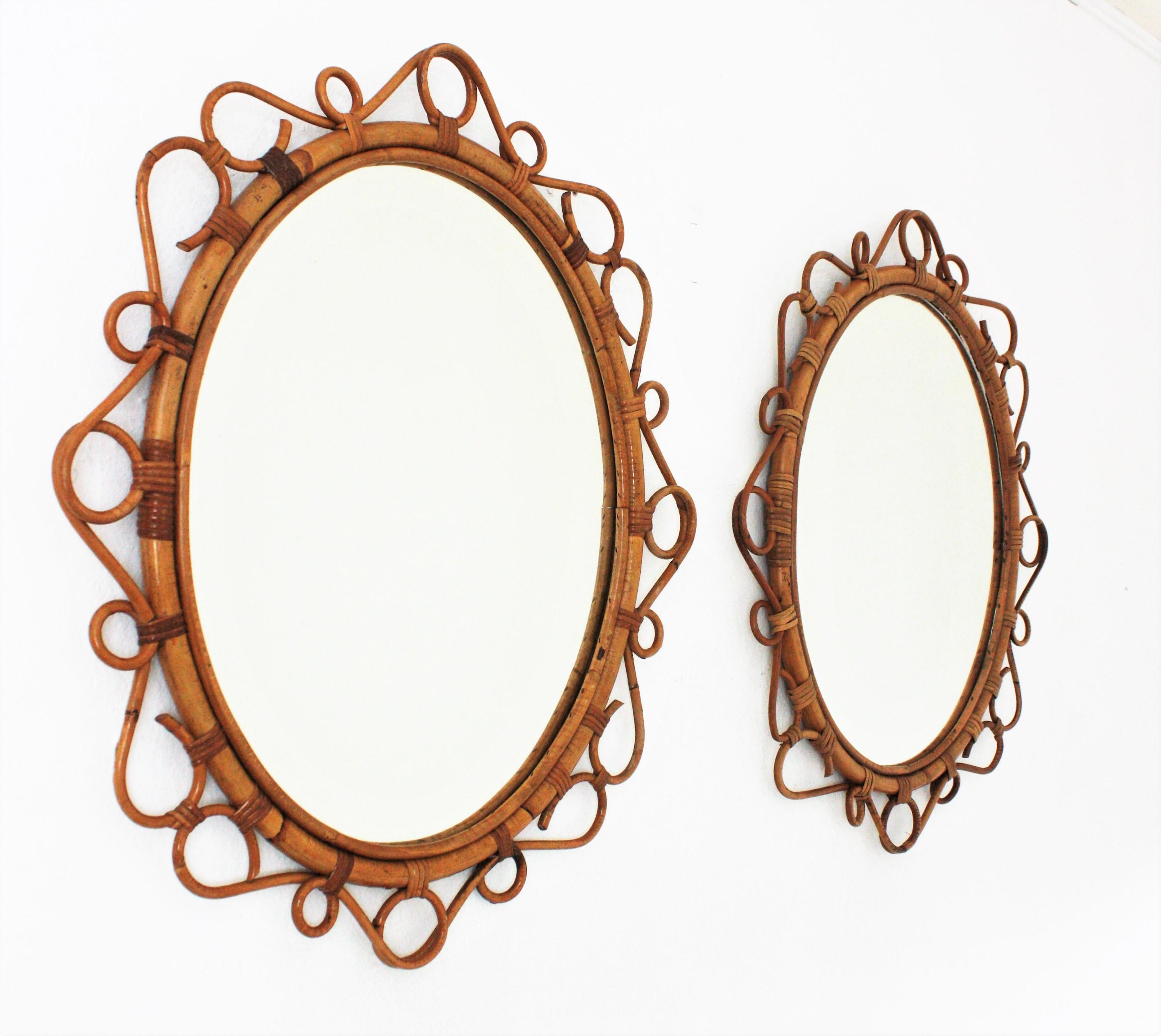 Hand-Crafted Pair of Spanish Rattan Bamboo Oval Mirrors, 1960s