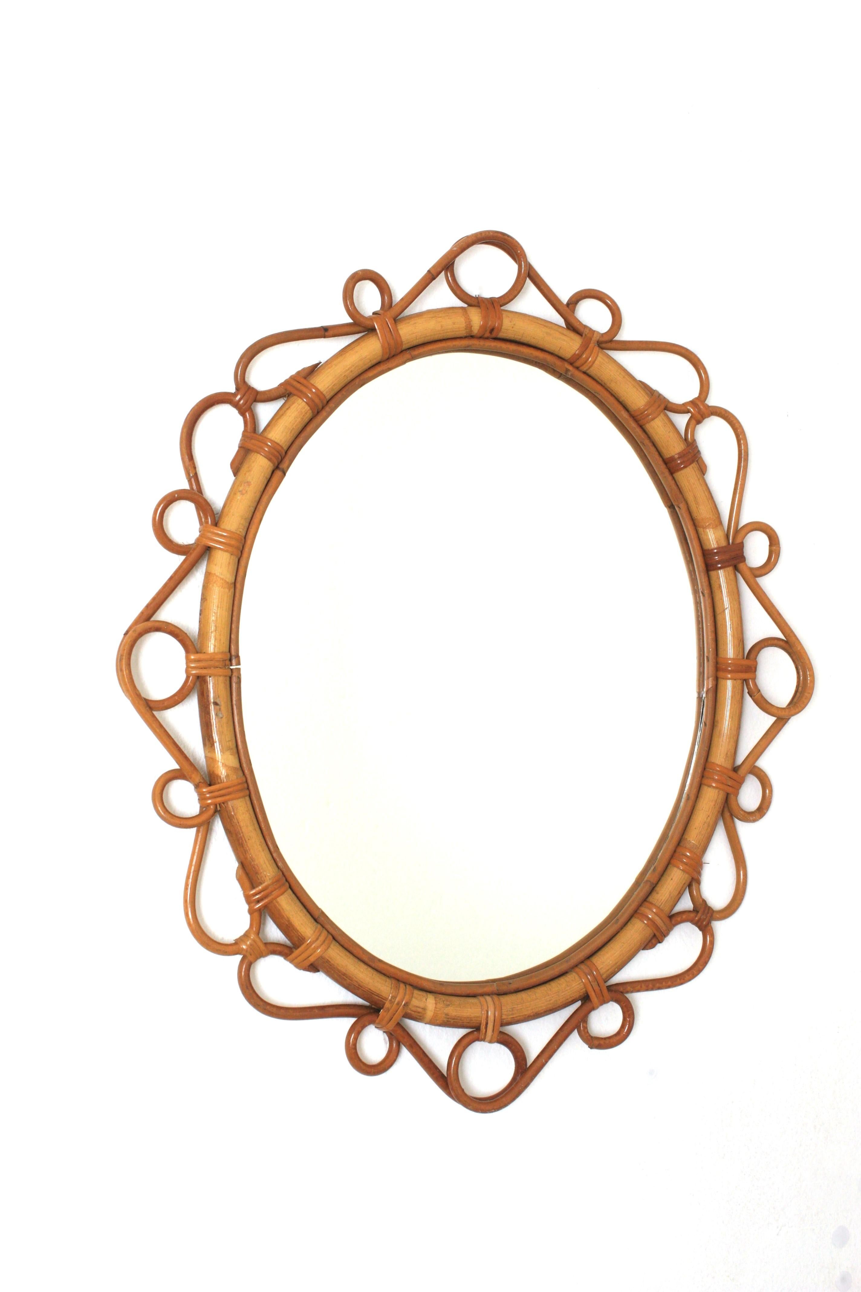 Hand-Crafted Pair of Spanish Rattan Bamboo Oval Mirrors, 1960s
