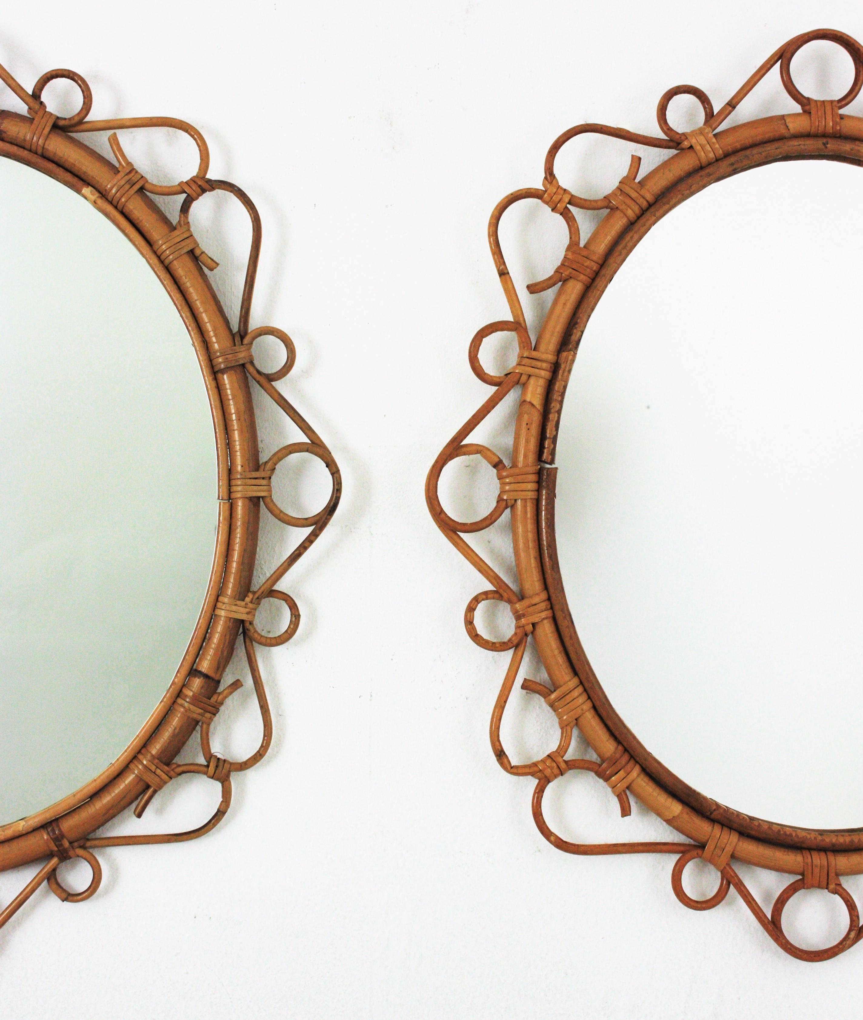 Pair of Spanish Rattan Bamboo Oval Mirrors, 1960s In Good Condition In Barcelona, ES