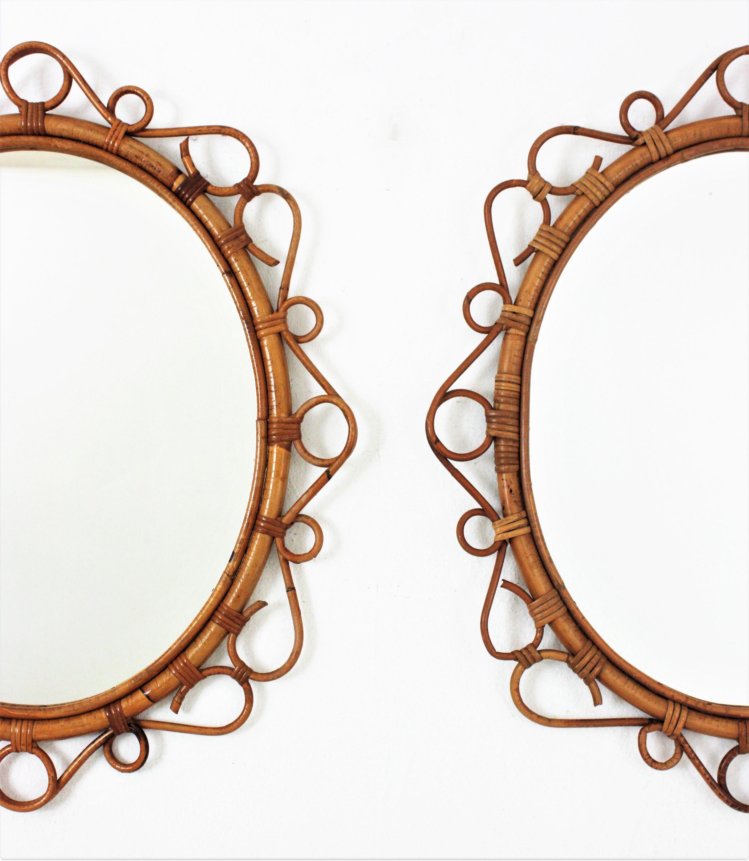 Pair of Spanish Rattan Bamboo Oval Mirrors, 1960s In Good Condition In Barcelona, ES