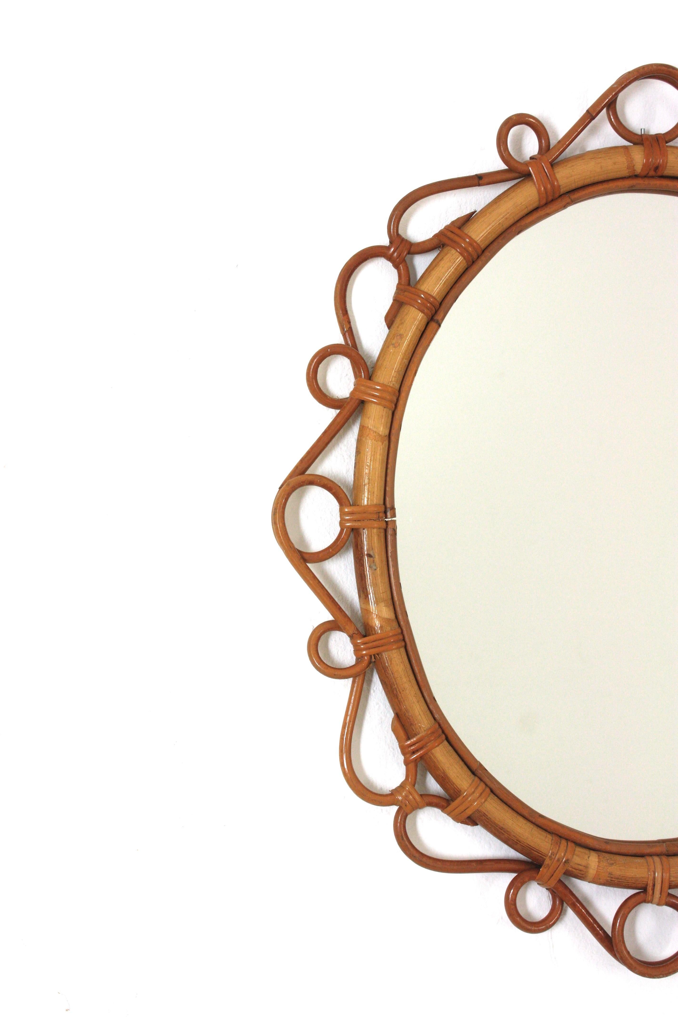 Pair of Spanish Rattan Bamboo Oval Mirrors, 1960s In Good Condition In Barcelona, ES