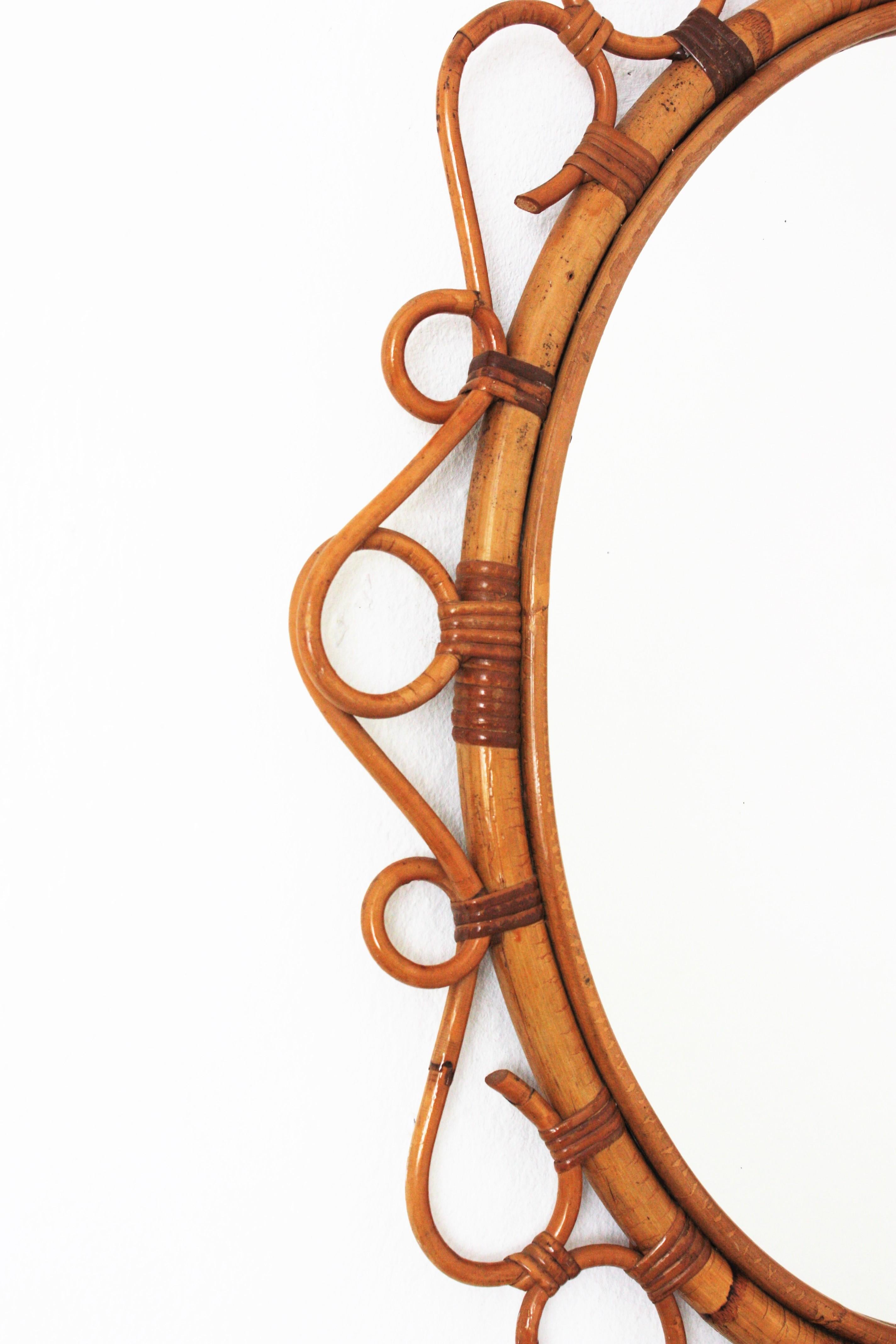 20th Century Pair of Spanish Rattan Bamboo Oval Mirrors, 1960s