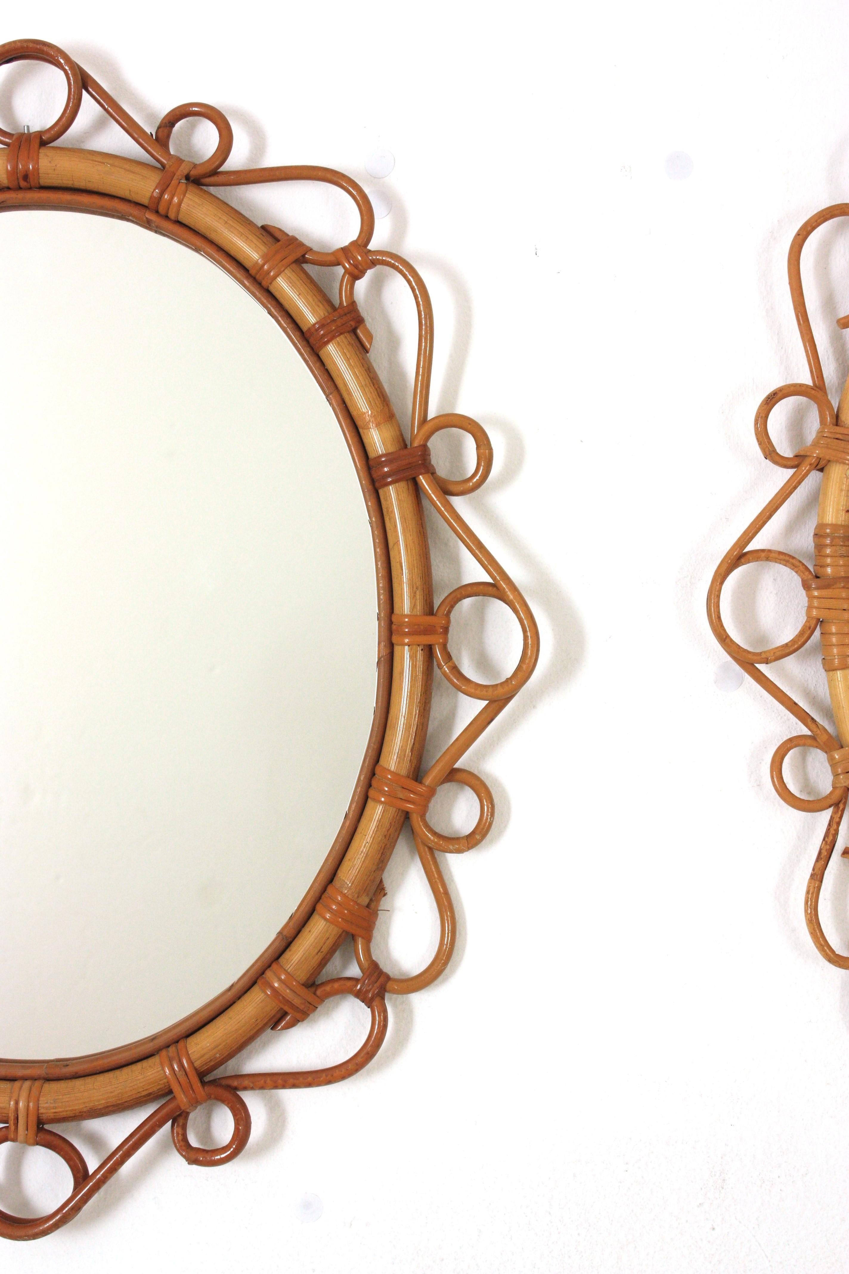 20th Century Pair of Spanish Rattan Bamboo Oval Mirrors, 1960s