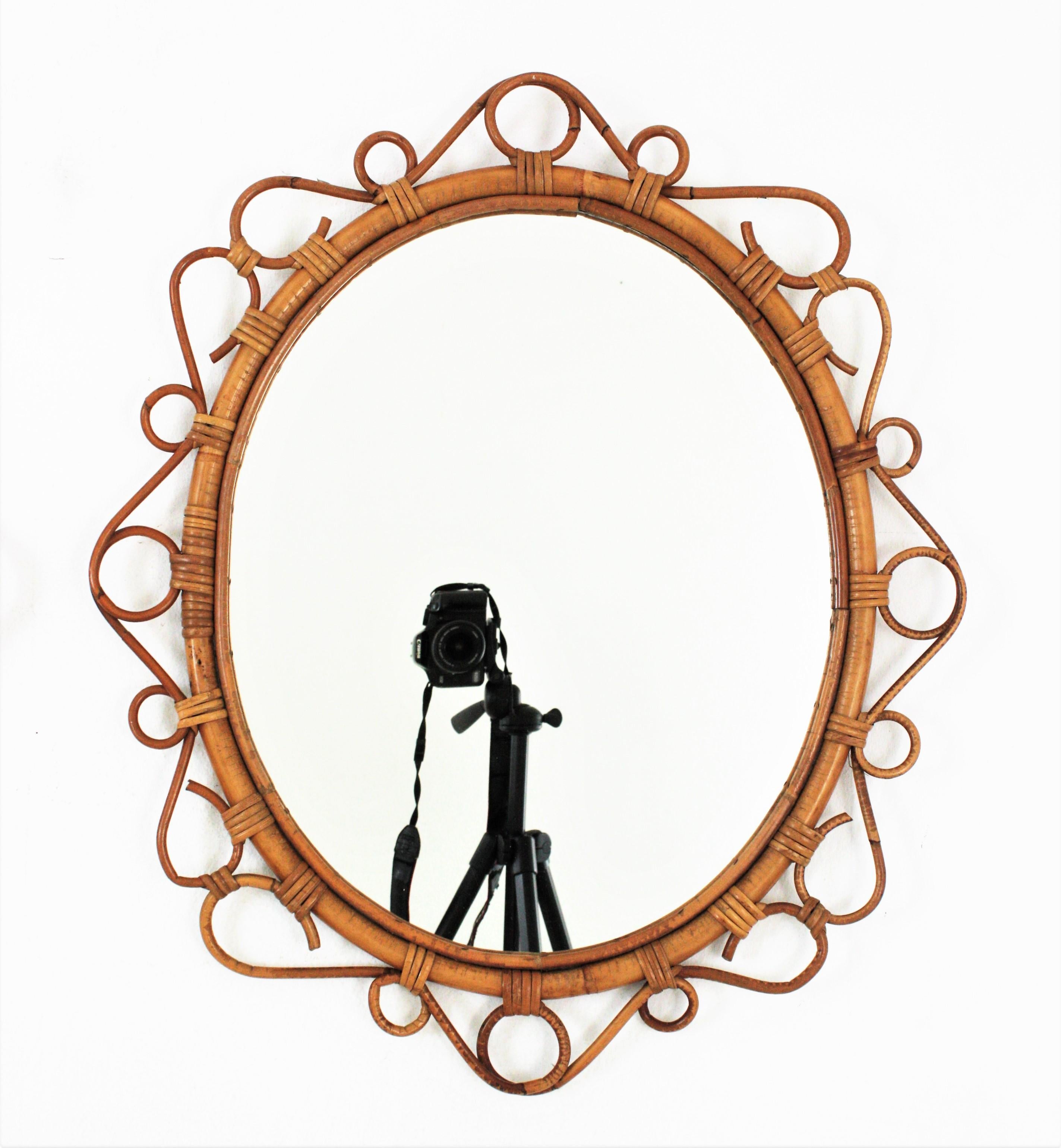 Pair of Spanish Rattan Bamboo Oval Mirrors, 1960s 1